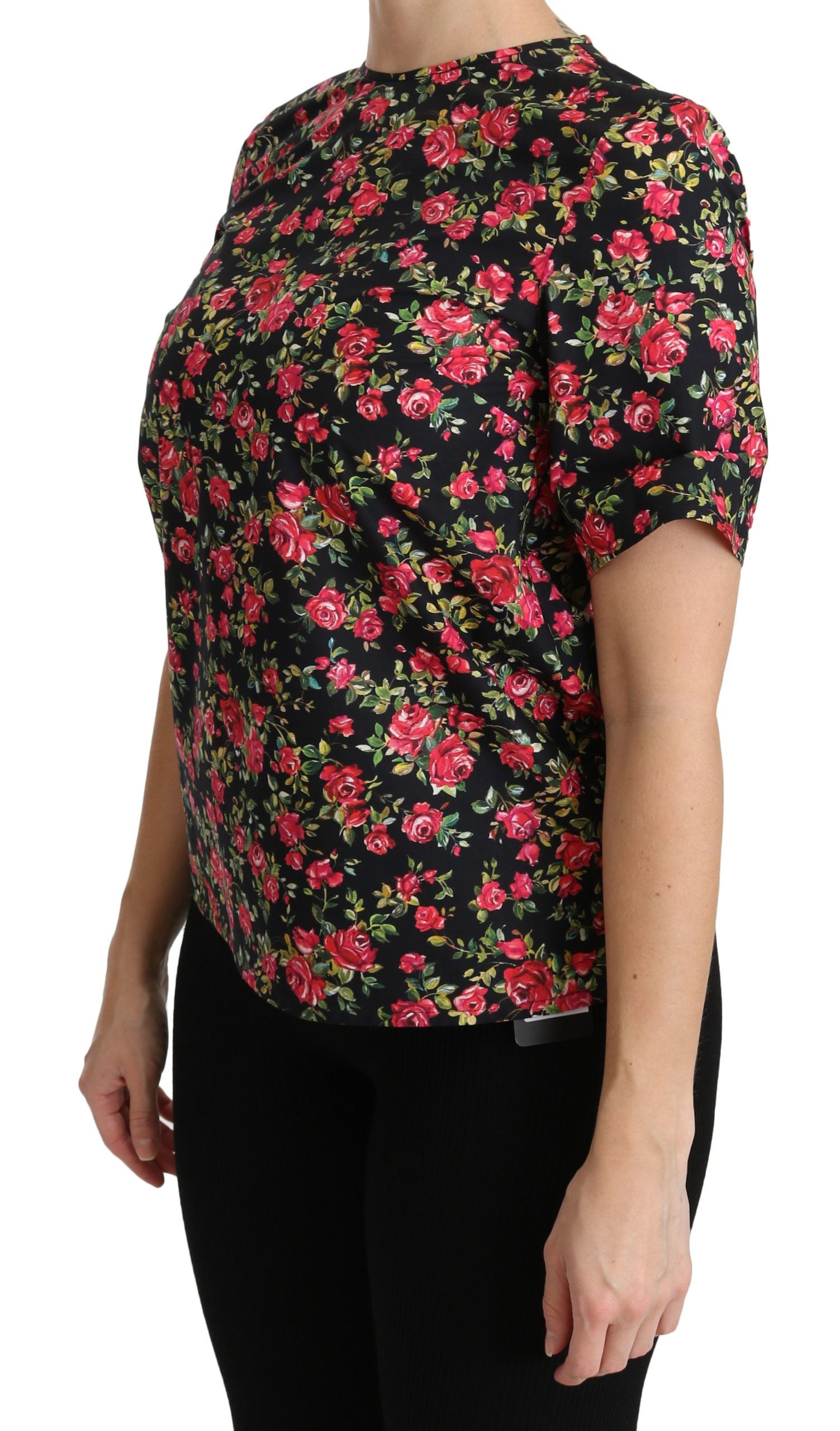 Elegant Black Floral Crew Neck Top - ventzia