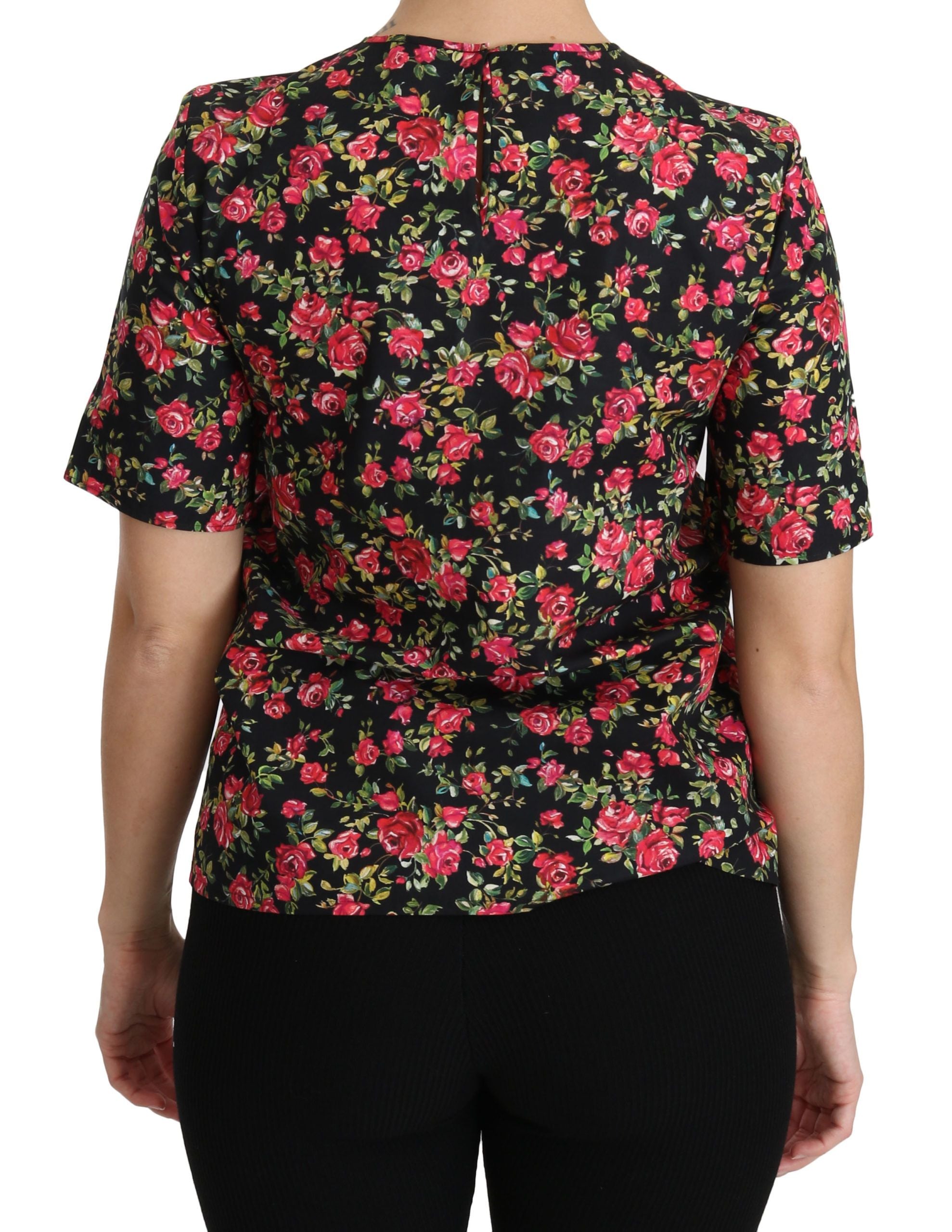 Elegant Black Floral Crew Neck Top - ventzia