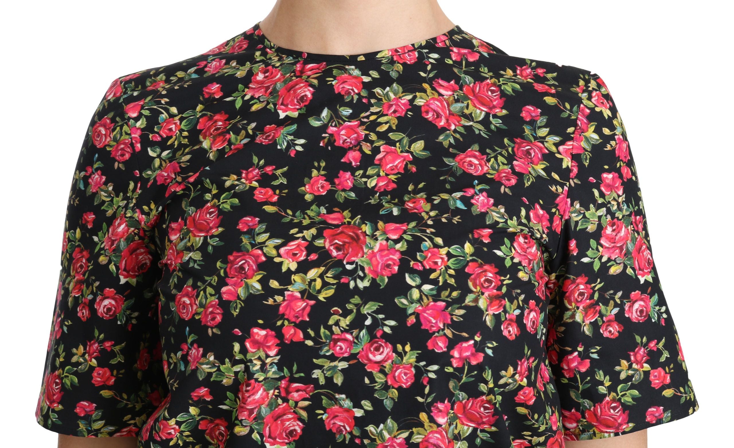 Elegant Black Floral Crew Neck Top - ventzia