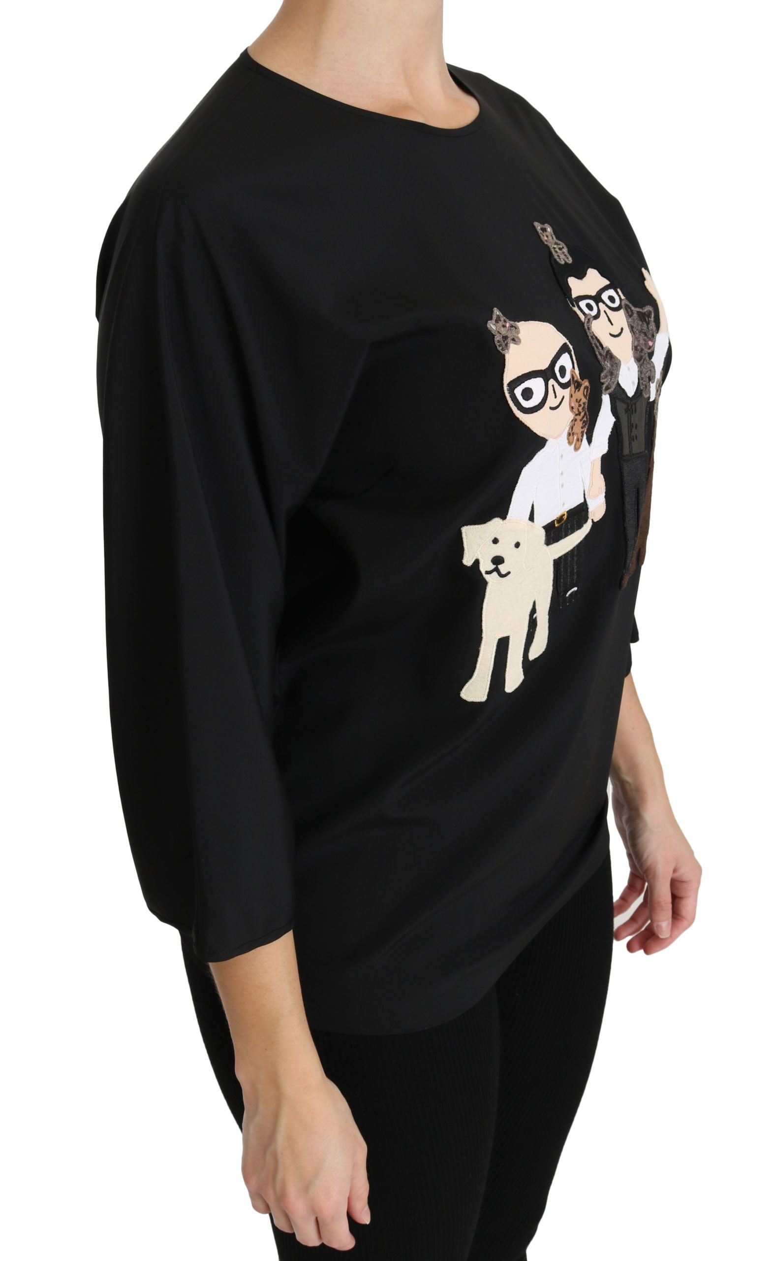Elegant Black Silk Stretch Embroidered Top - ventzia