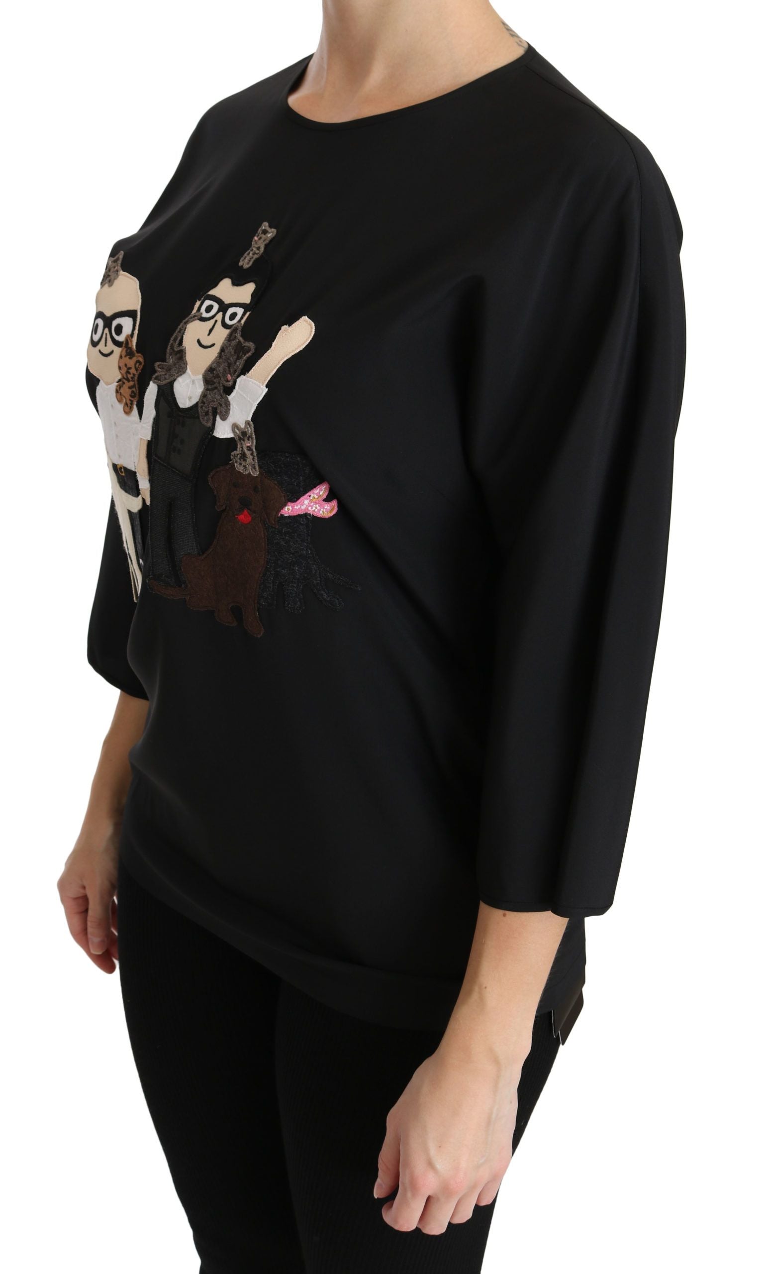 Elegant Black Silk Stretch Embroidered Top - ventzia