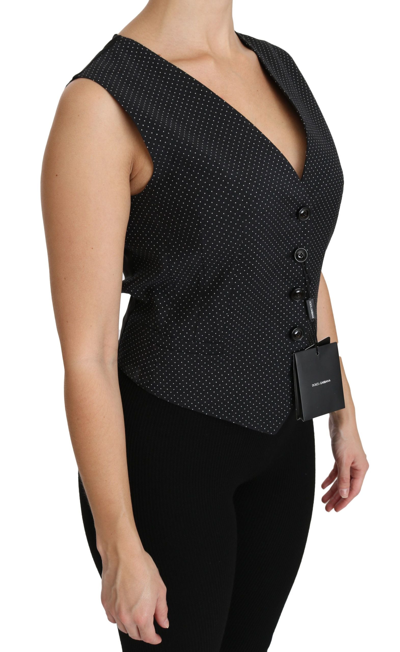 Chic Black Dotted Wool Blend Sleeveless Vest - ventzia