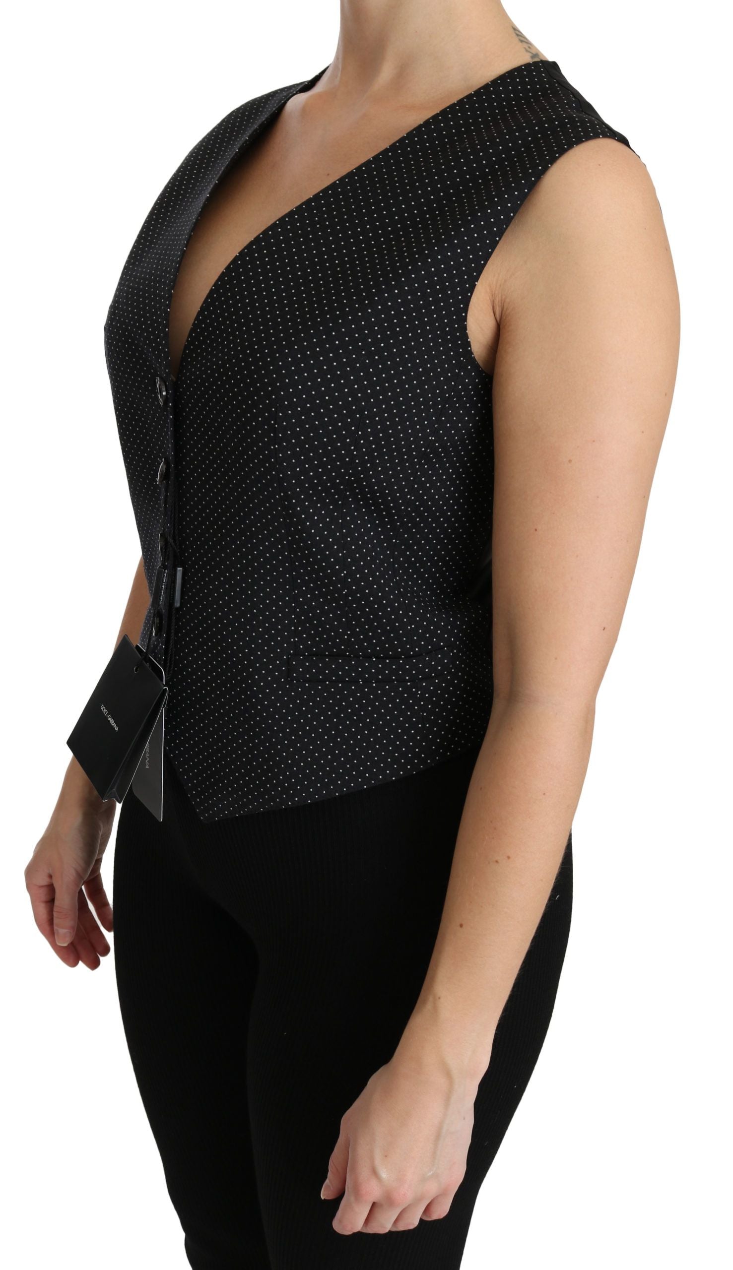 Chic Black Dotted Wool Blend Sleeveless Vest - ventzia