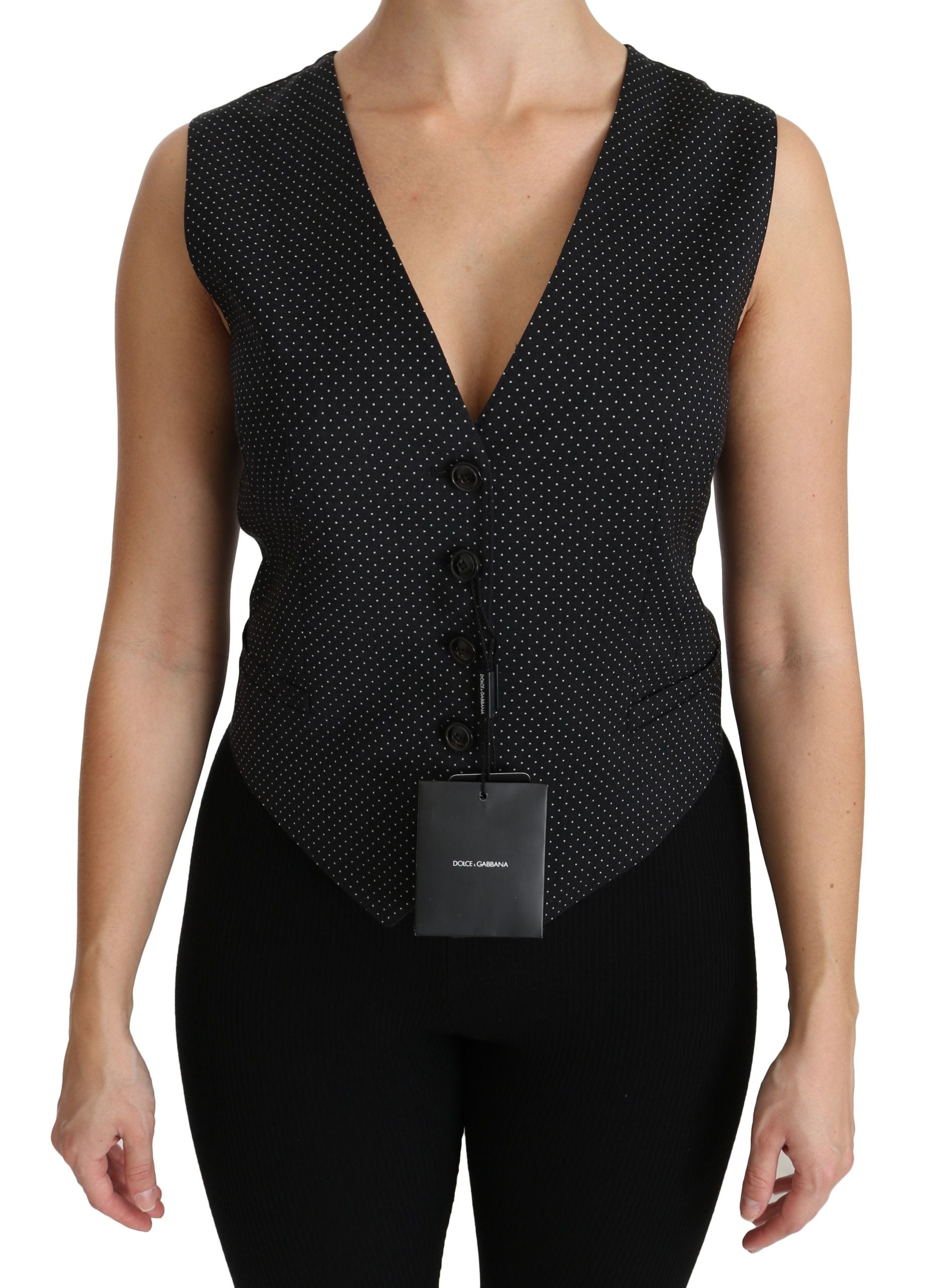 Chic Black Dotted Wool Blend Sleeveless Vest - ventzia