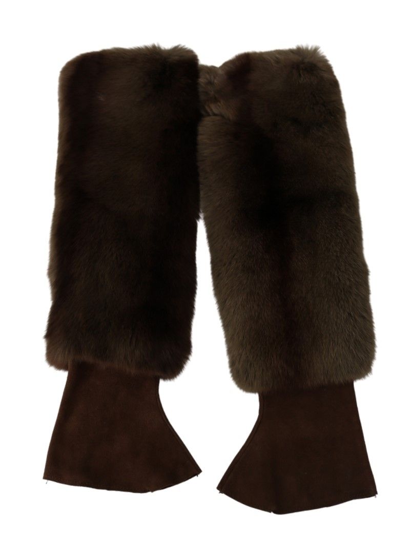 Elegant Brown Fur & Leather Elbow-Length Gloves - ventzia