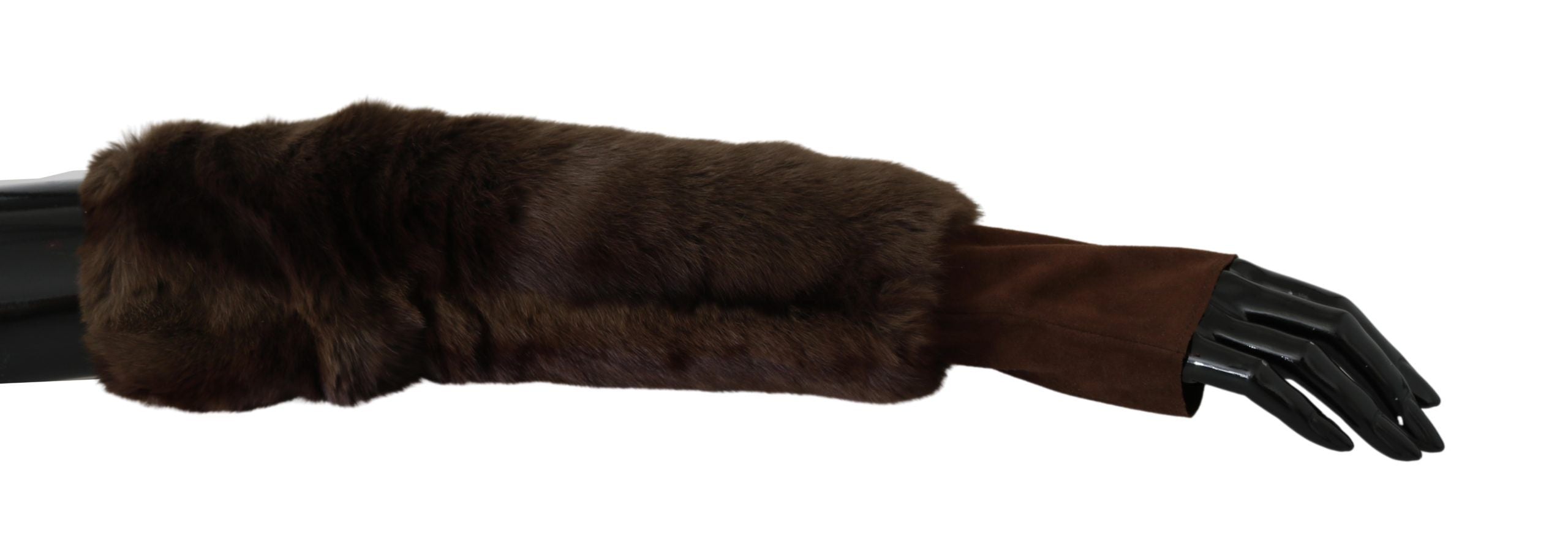 Elegant Brown Fur & Leather Elbow-Length Gloves - ventzia