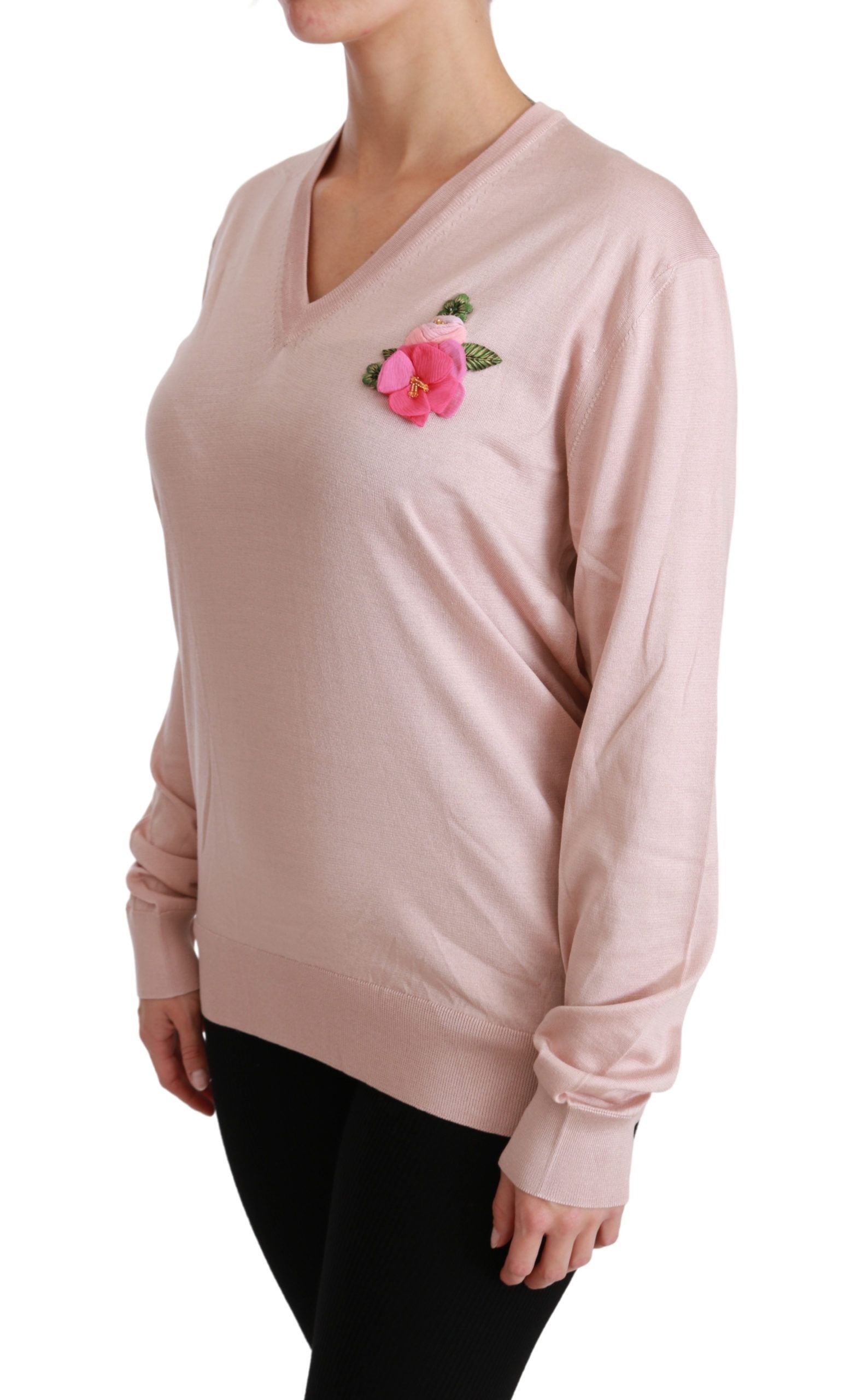 Pink Floral Silk V-Neck Sweater - ventzia