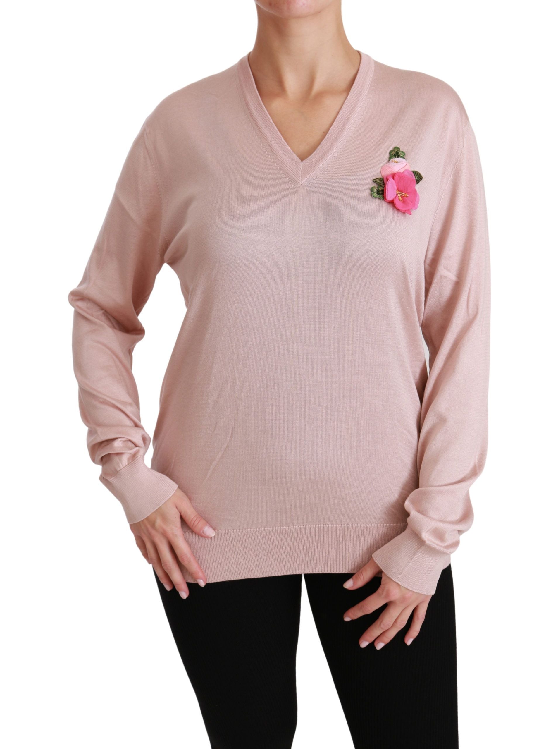Pink Floral Silk V-Neck Sweater - ventzia