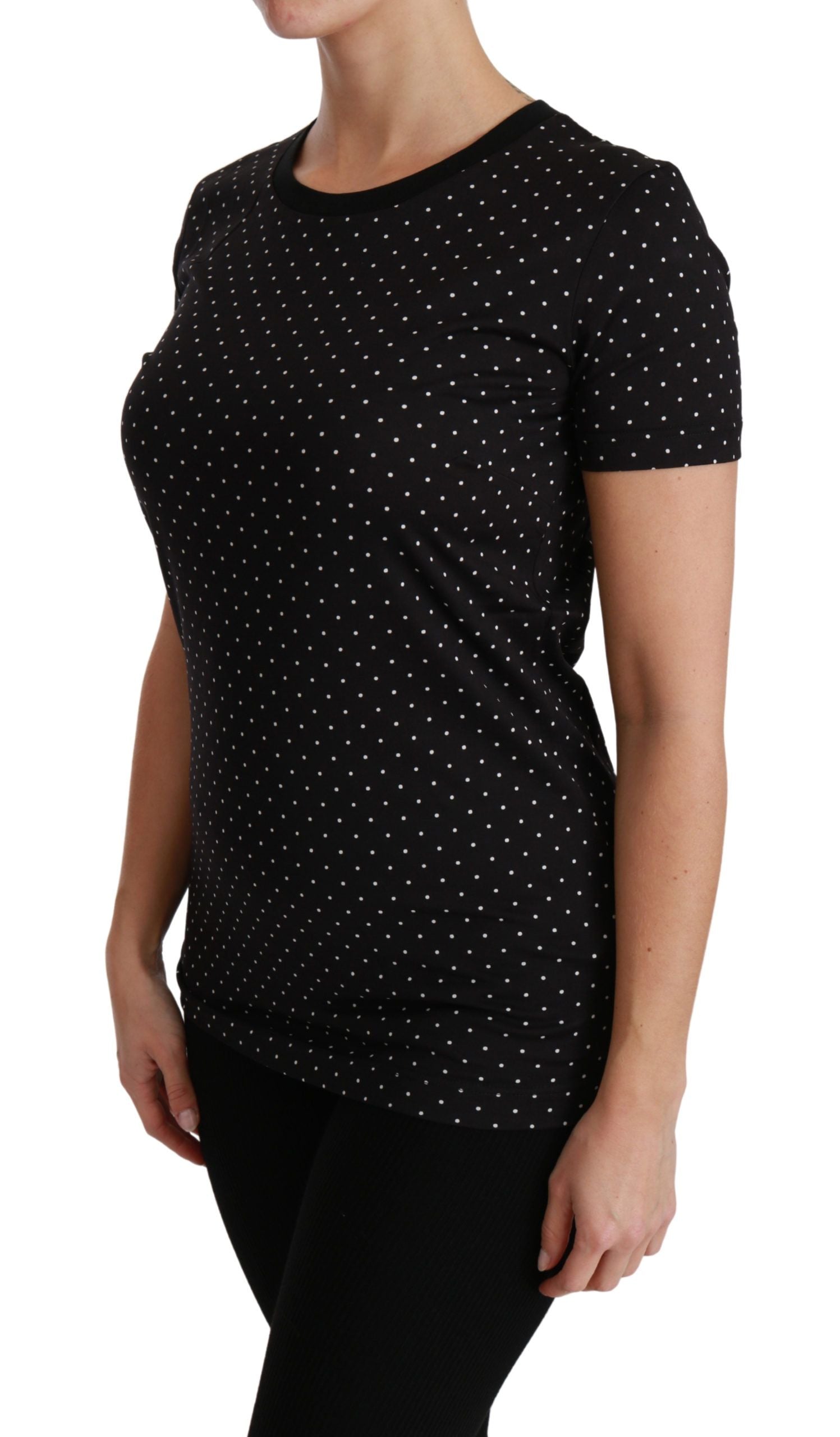 Chic Black Dotted Crewneck Cotton Tee - ventzia