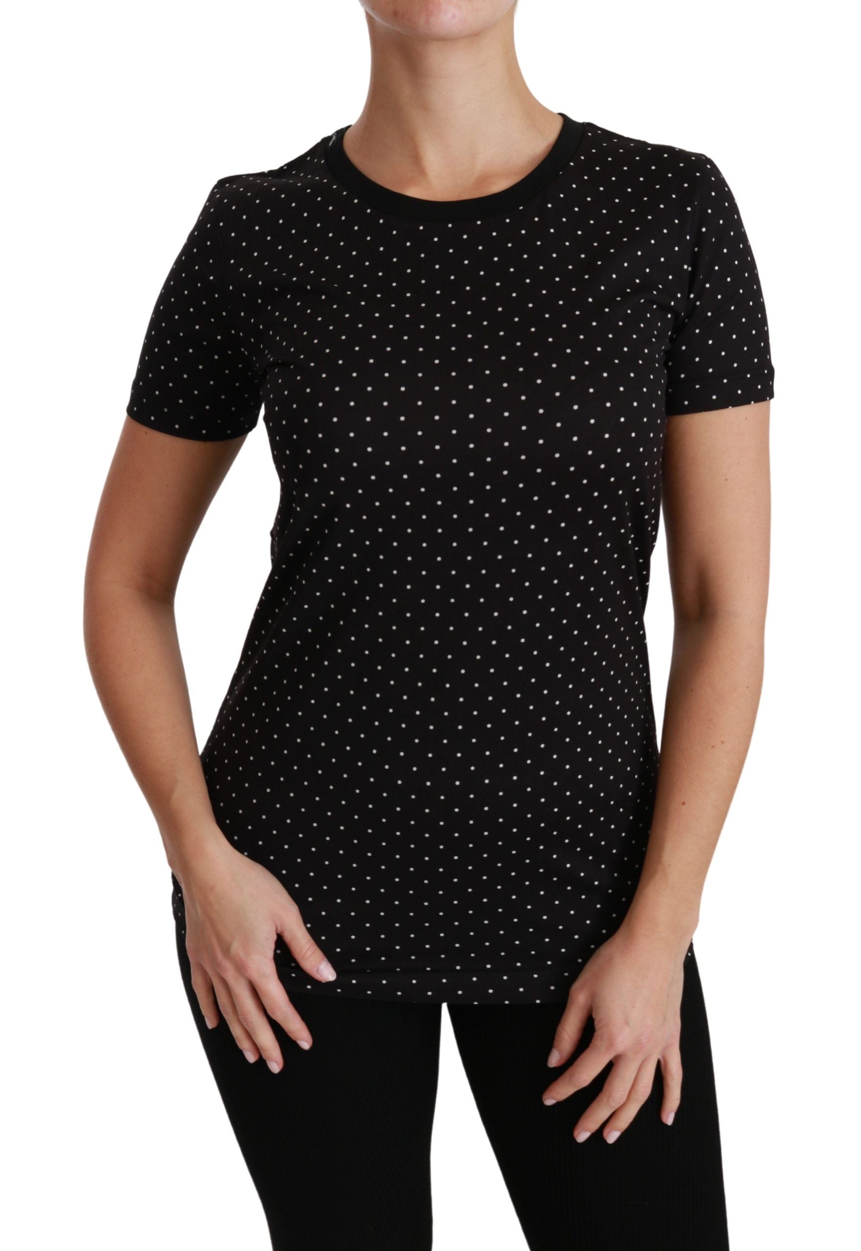 Chic Black Dotted Crewneck Cotton Tee - ventzia