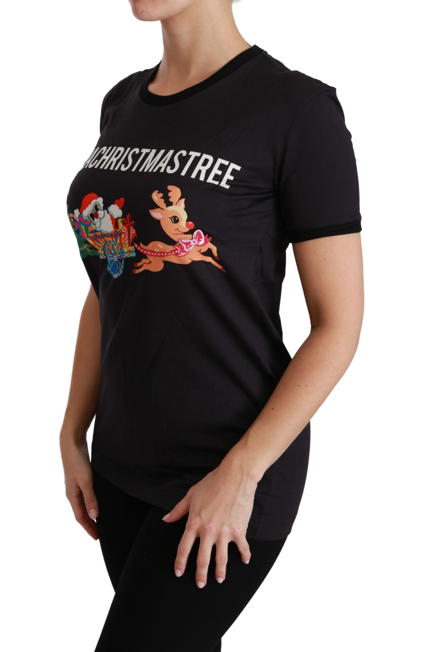 Black Cotton Crewneck Tee with Unique Print - ventzia
