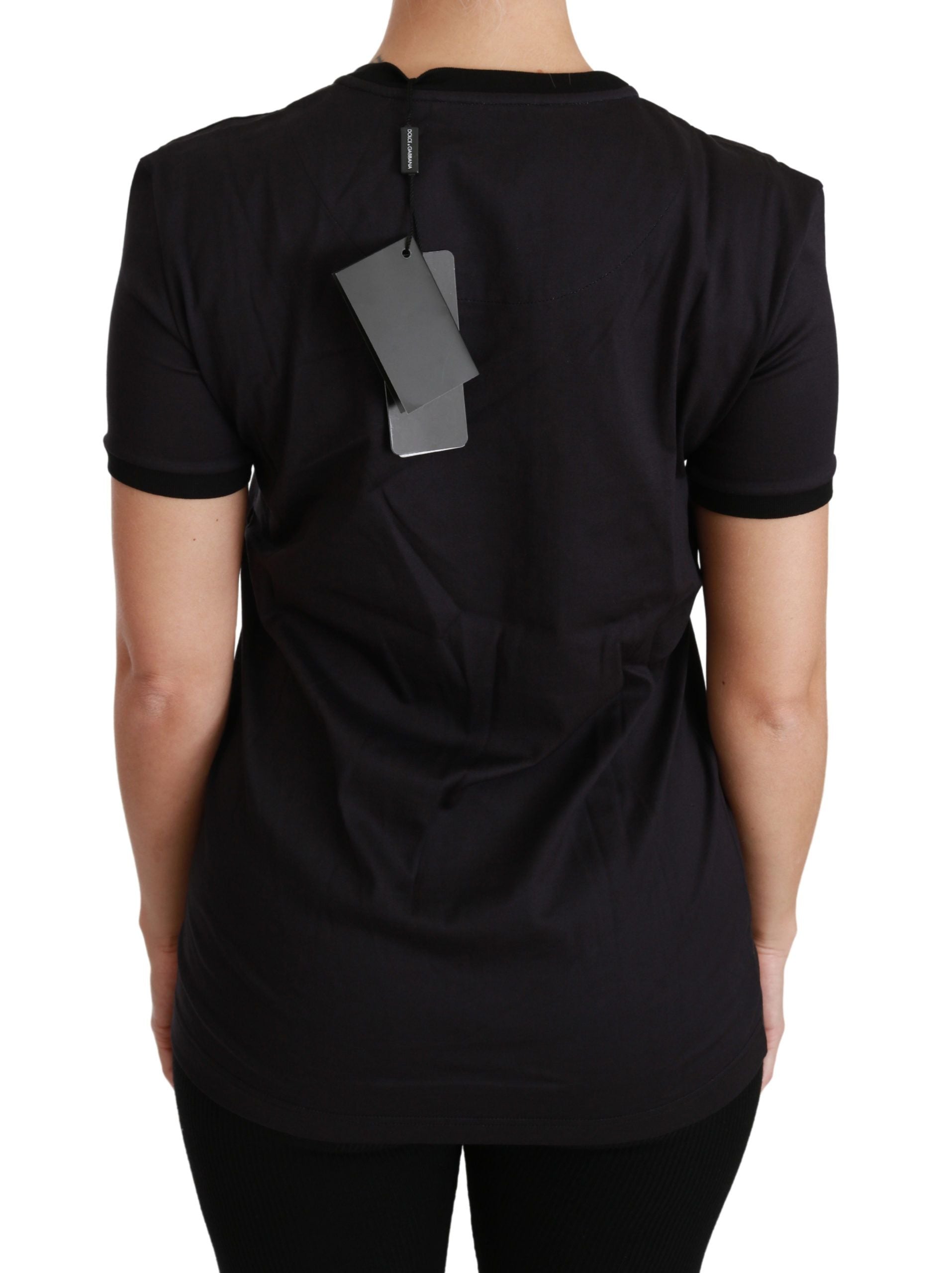 Black Cotton Crewneck Tee with Unique Print - ventzia