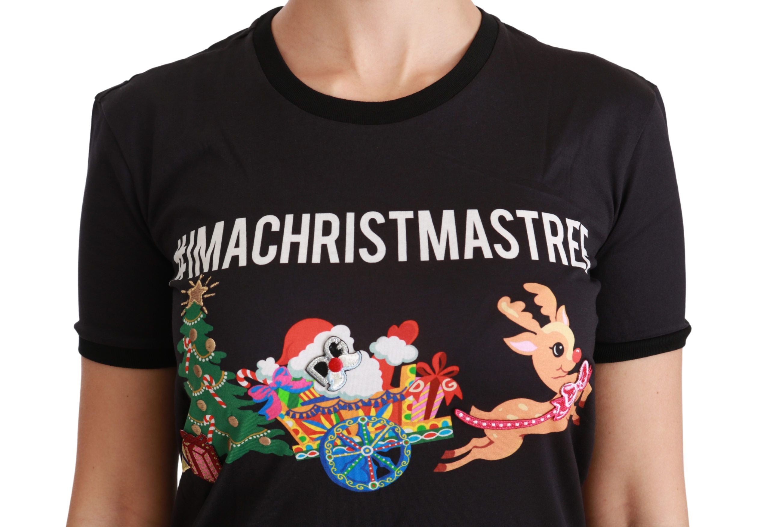 Black Cotton Crewneck Tee with Unique Print - ventzia