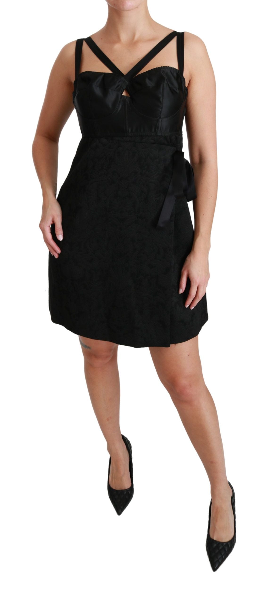 Elegant Black Jacquard Sheath Dress - ventzia