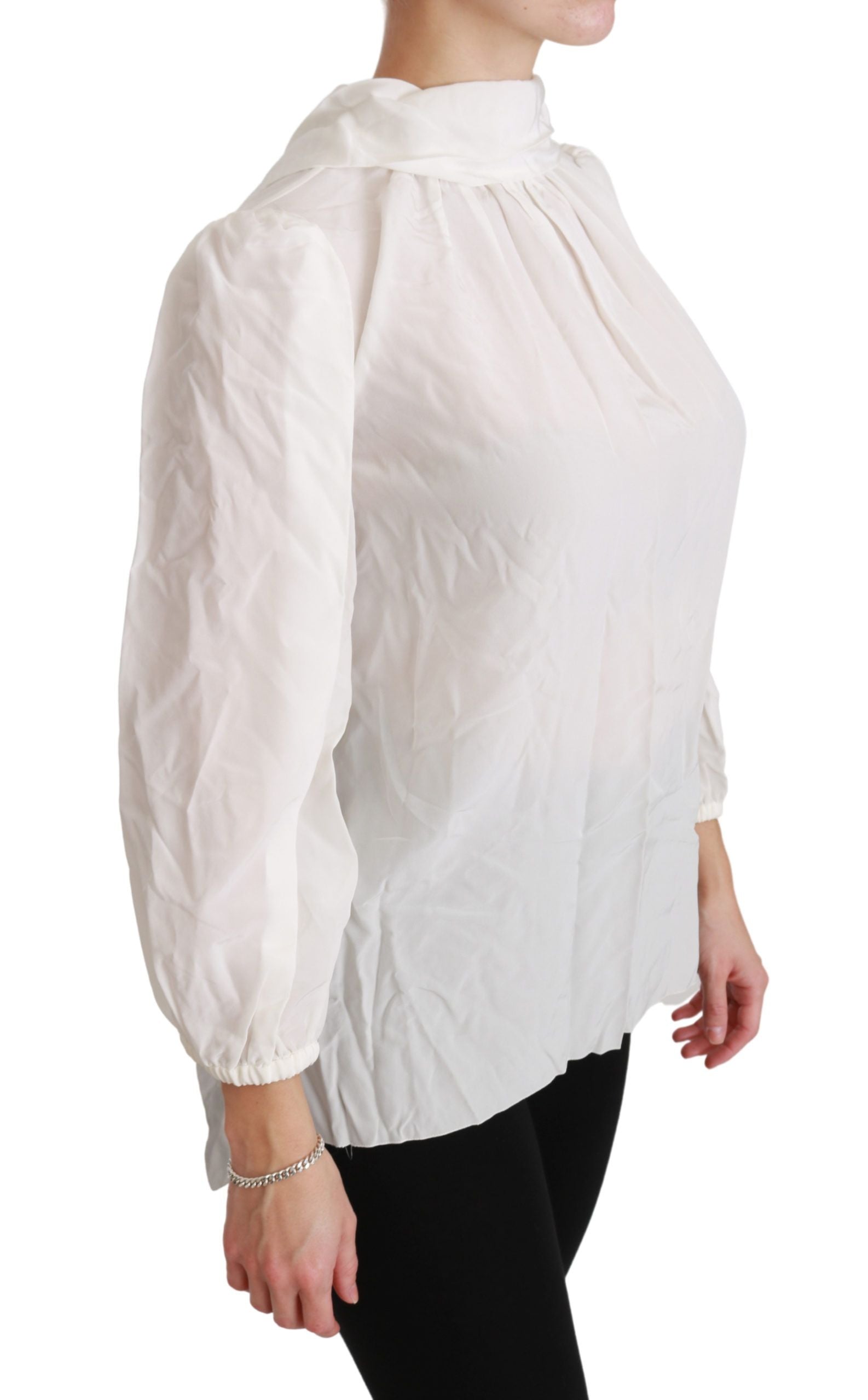 Elegant White Silk Turtle Neck Blouse - ventzia