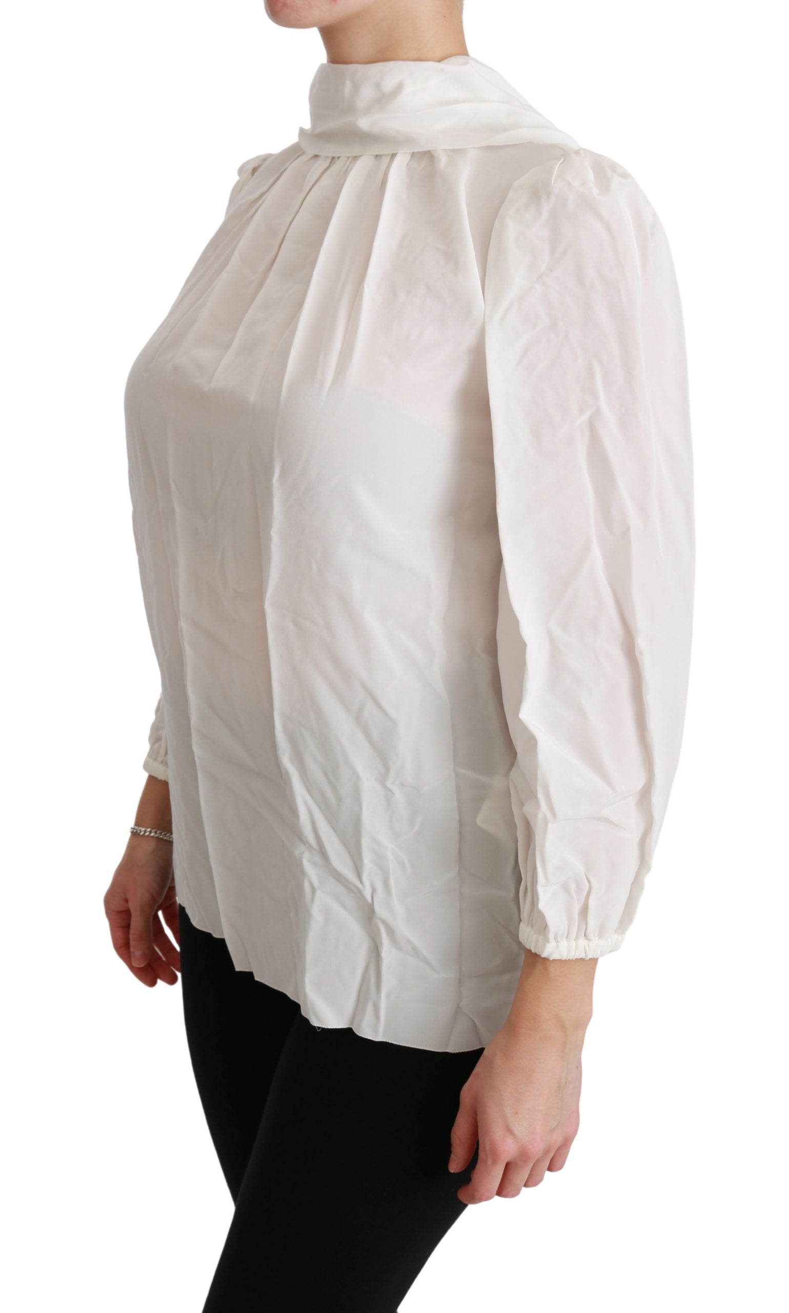 Elegant White Silk Turtle Neck Blouse - ventzia