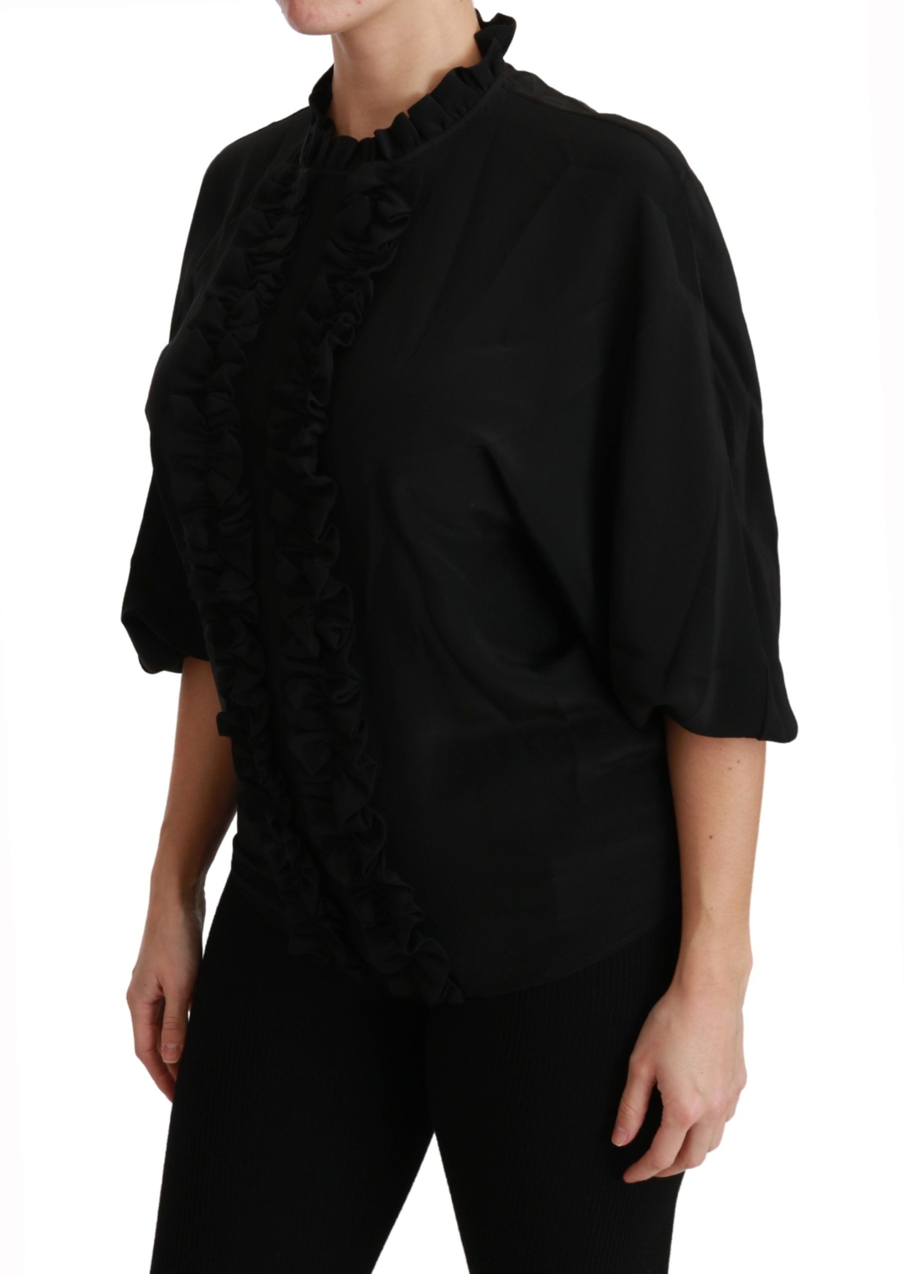Elegant Black Silk Short Sleeve Blouse - ventzia
