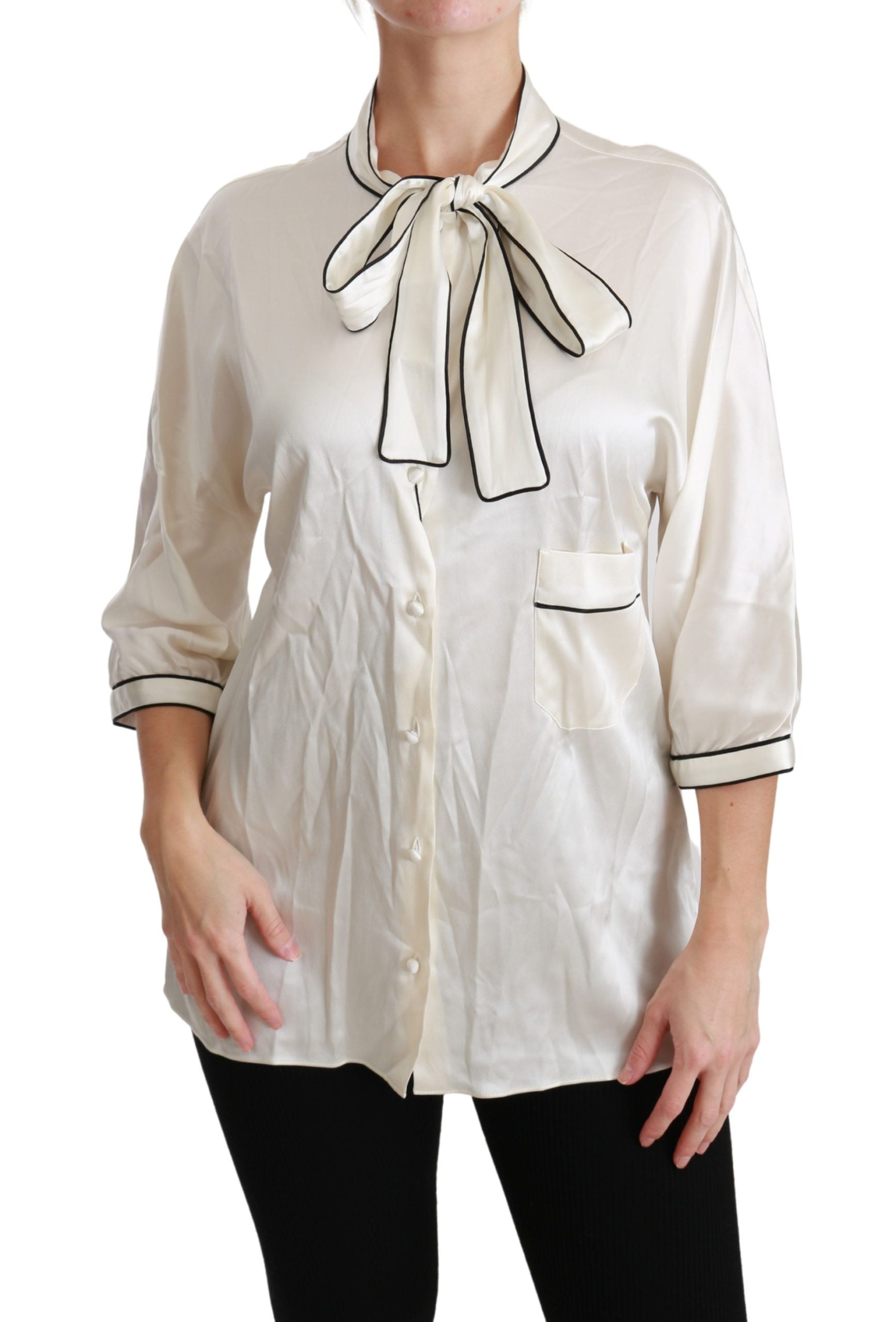 Elegant Beige Silk Blouse with Bow Scarf - ventzia