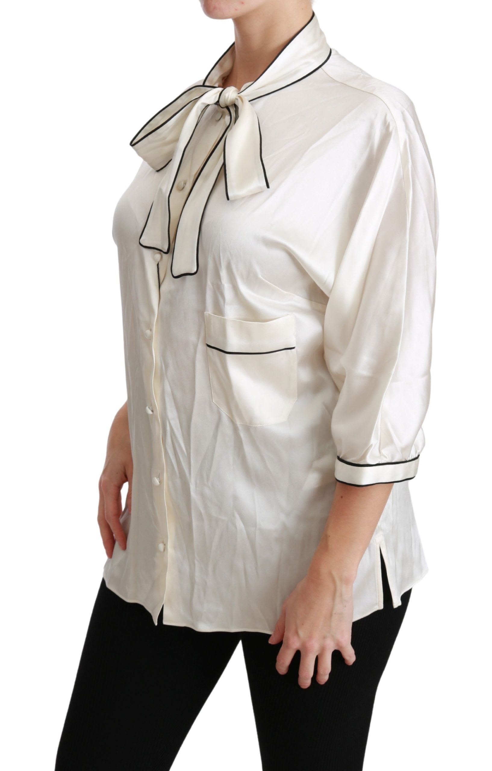 Elegant Beige Silk Blouse with Bow Scarf - ventzia