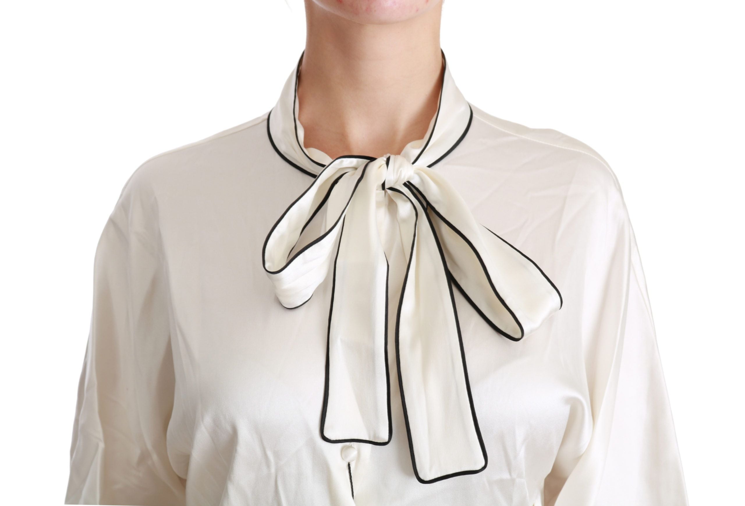 Elegant Beige Silk Blouse with Bow Scarf - ventzia
