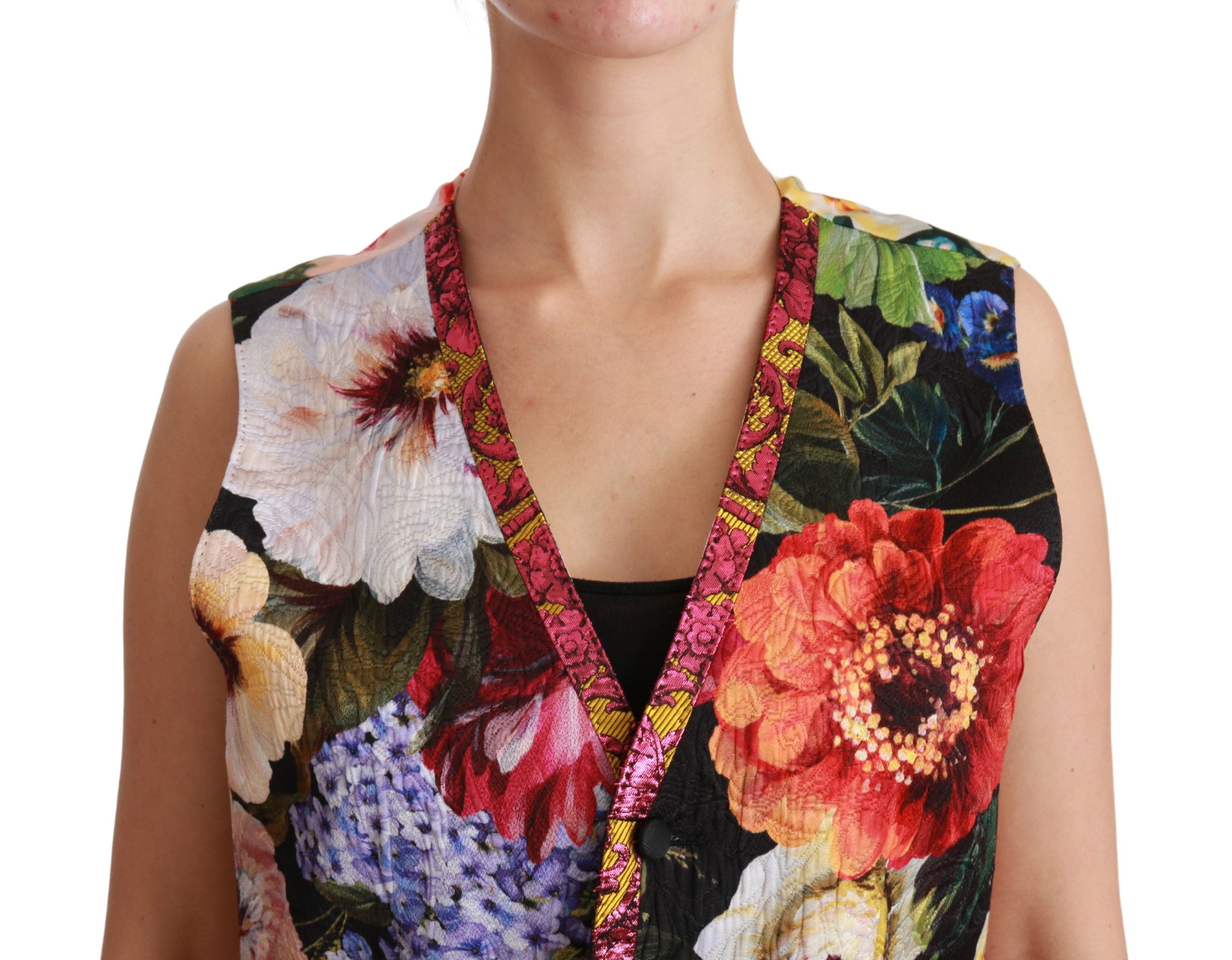 Multicolor Brocade Floral Sleeveless Vest - ventzia