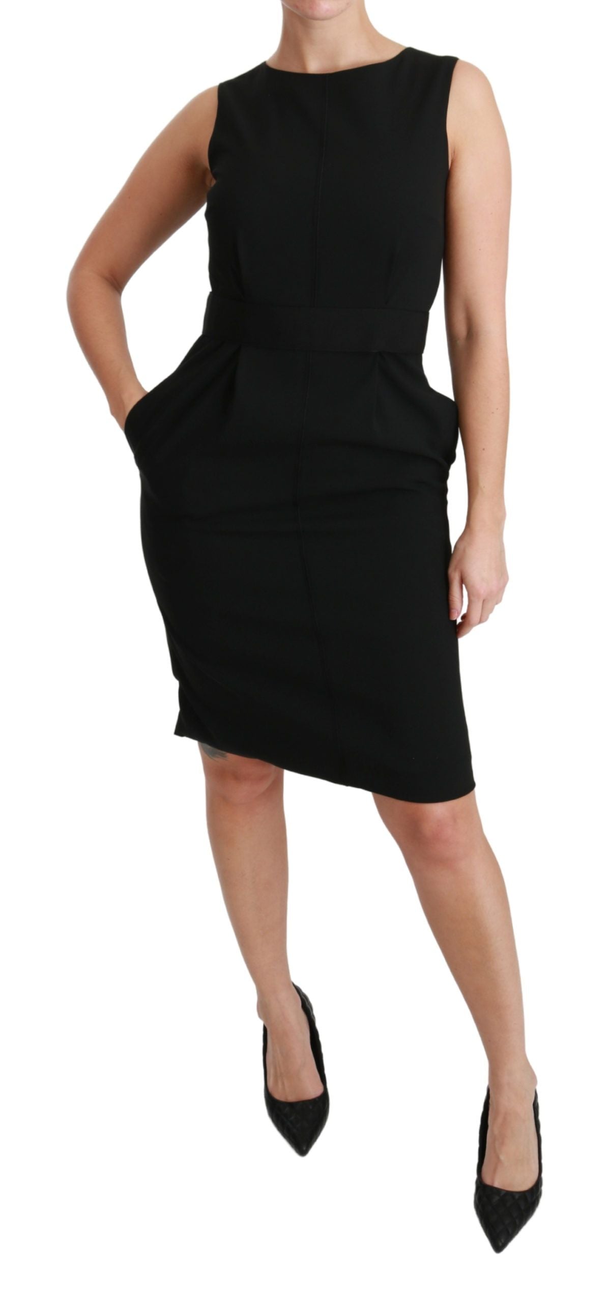 Elegant Knee-Length Sheath Dress in Black - ventzia