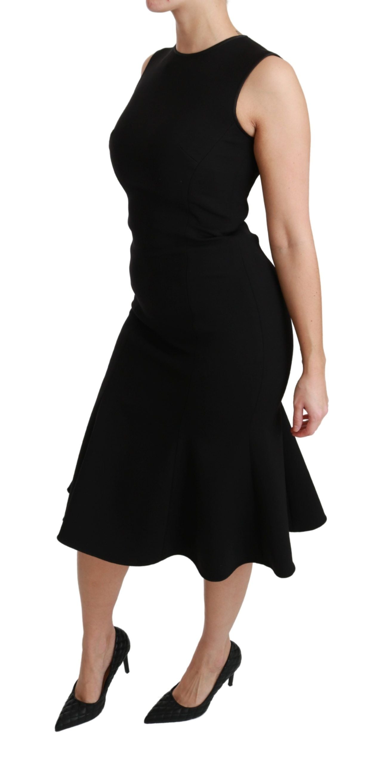 Elegant Black Fit Flare Wool Blend Dress - ventzia