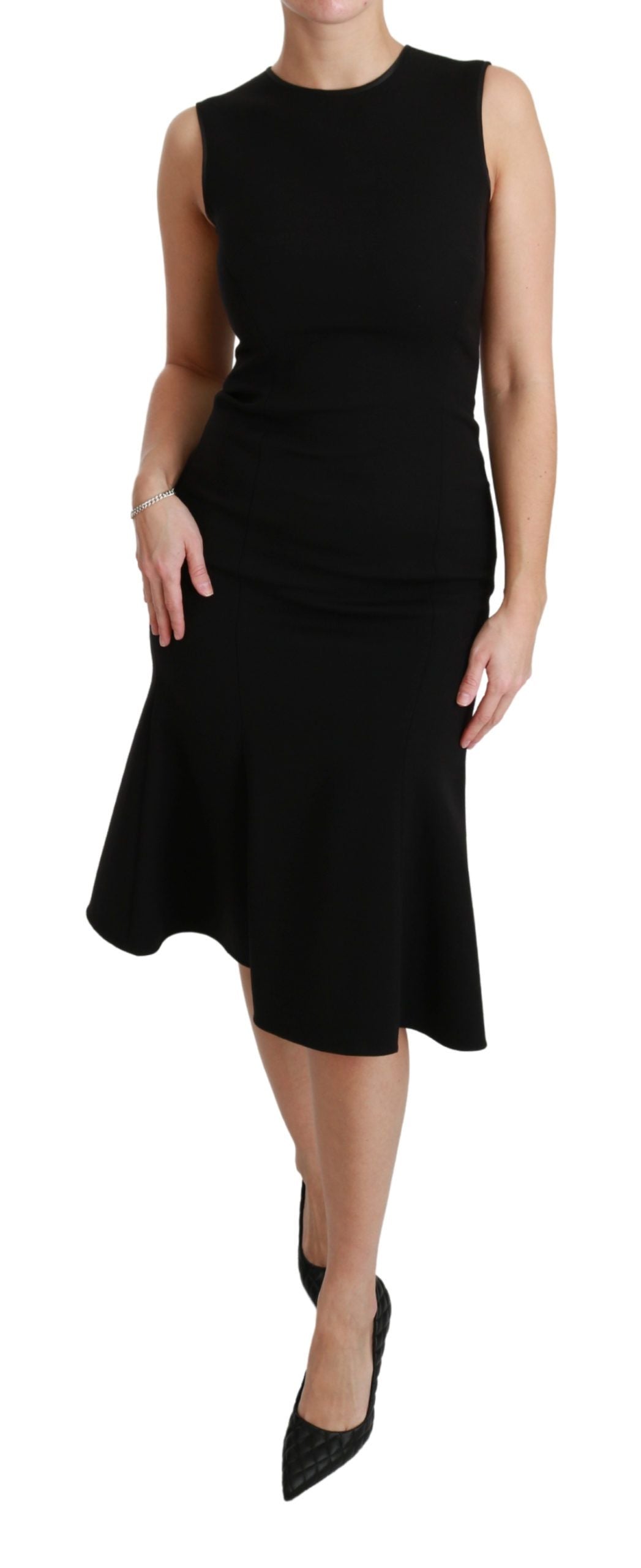 Elegant Black Fit Flare Wool Blend Dress - ventzia