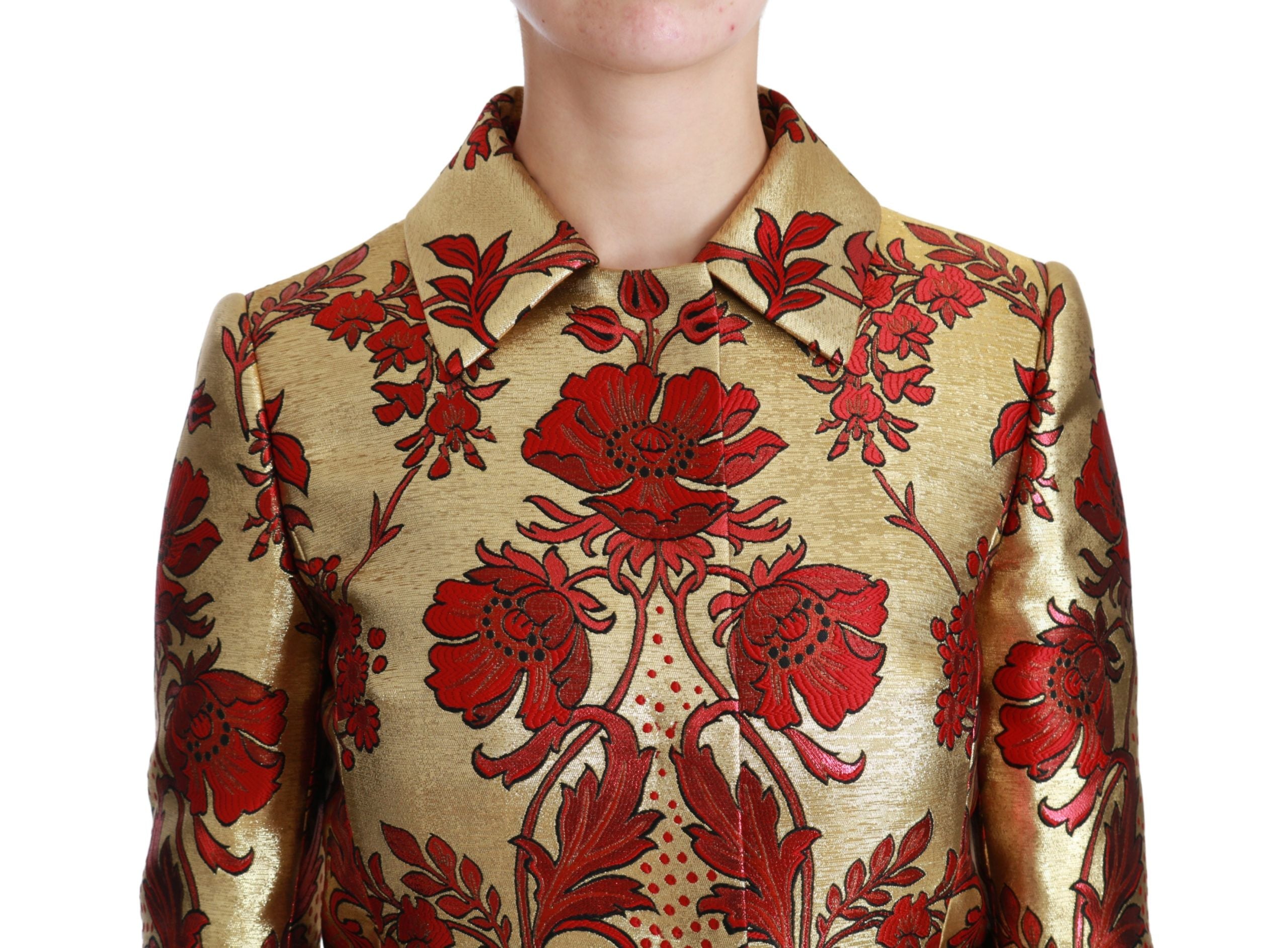 Elegant Gold Floral Brocade Trench Coat - ventzia