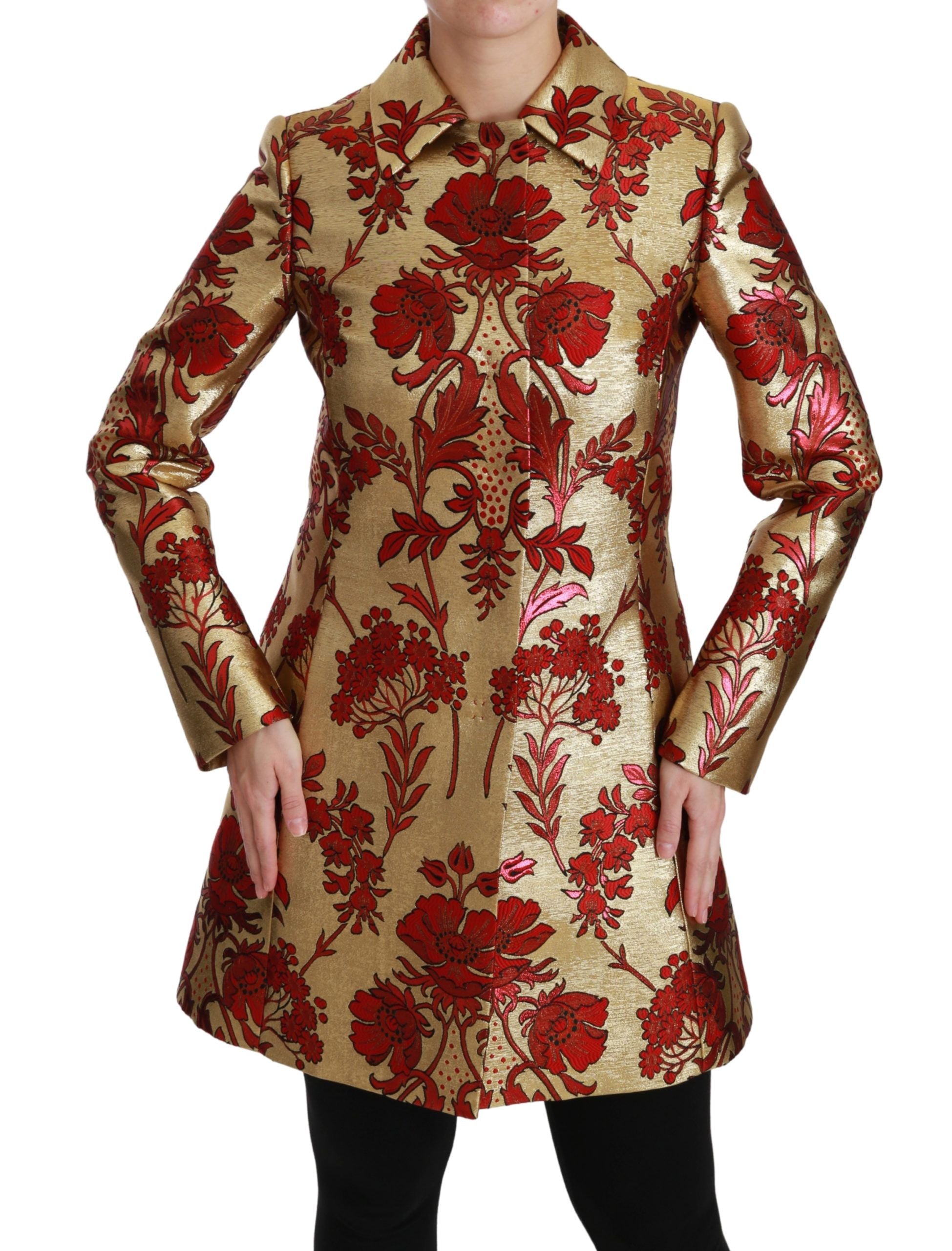 Elegant Gold Floral Brocade Trench Coat - ventzia