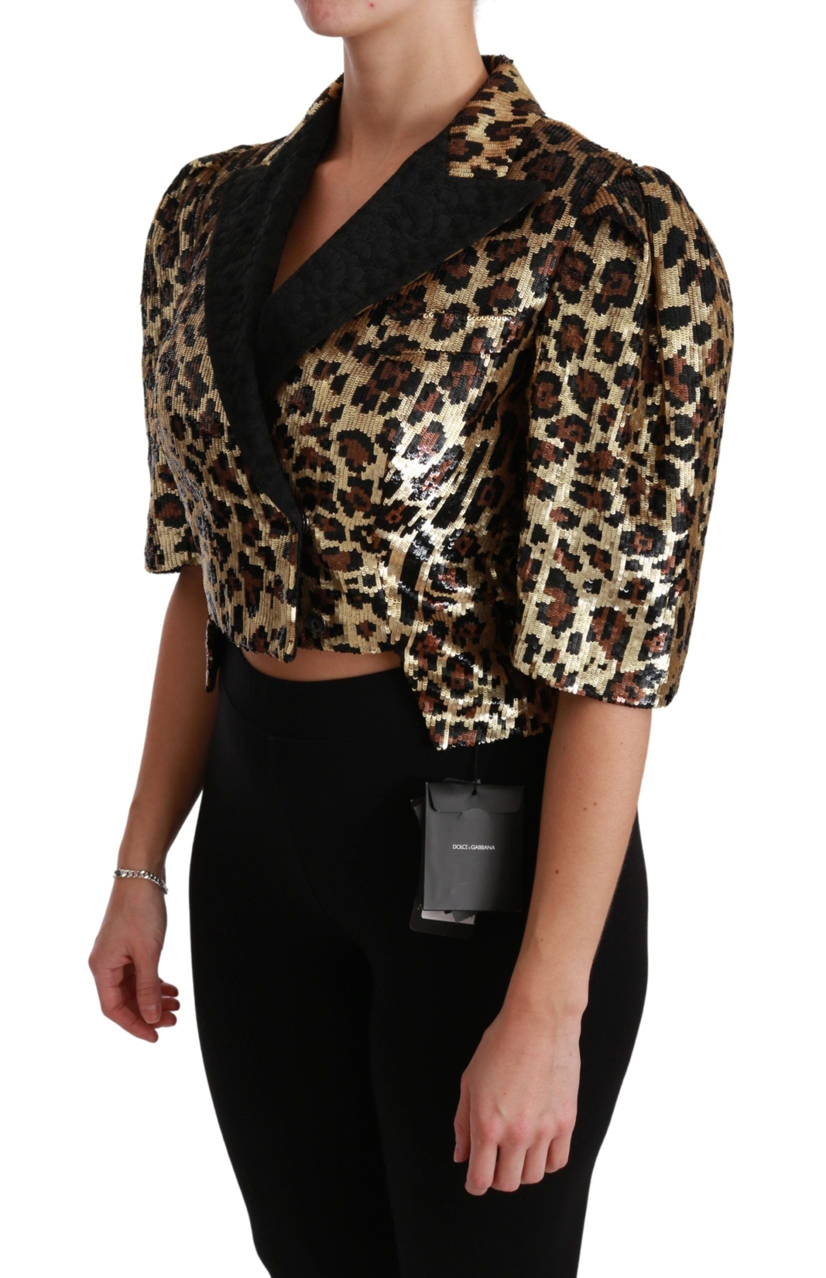 Gold Leopard Print Short Sleeve Blazer - ventzia