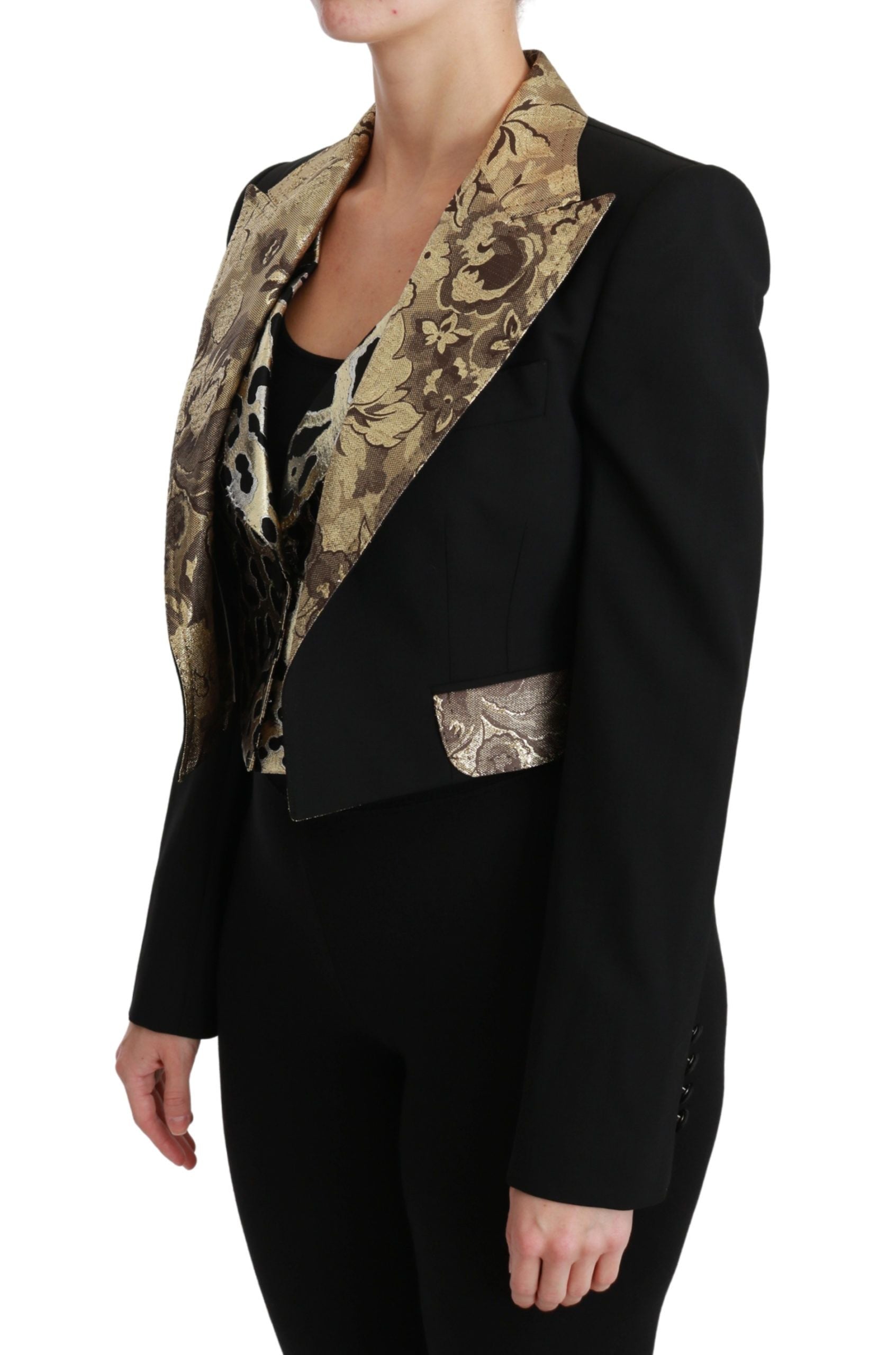 Opulent Black Gold Floral Jacket and Vest Ensemble - ventzia