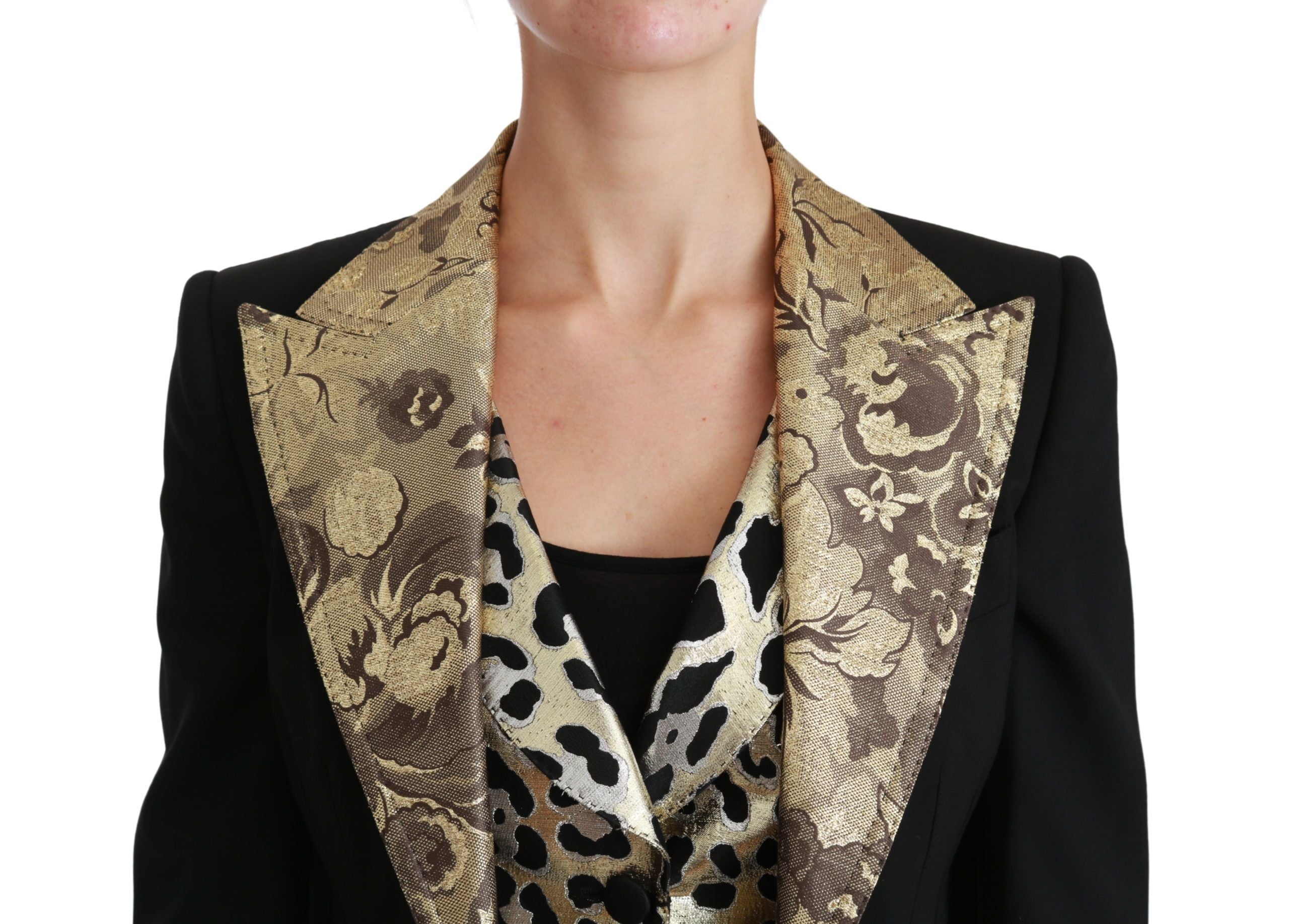 Opulent Black Gold Floral Jacket and Vest Ensemble - ventzia