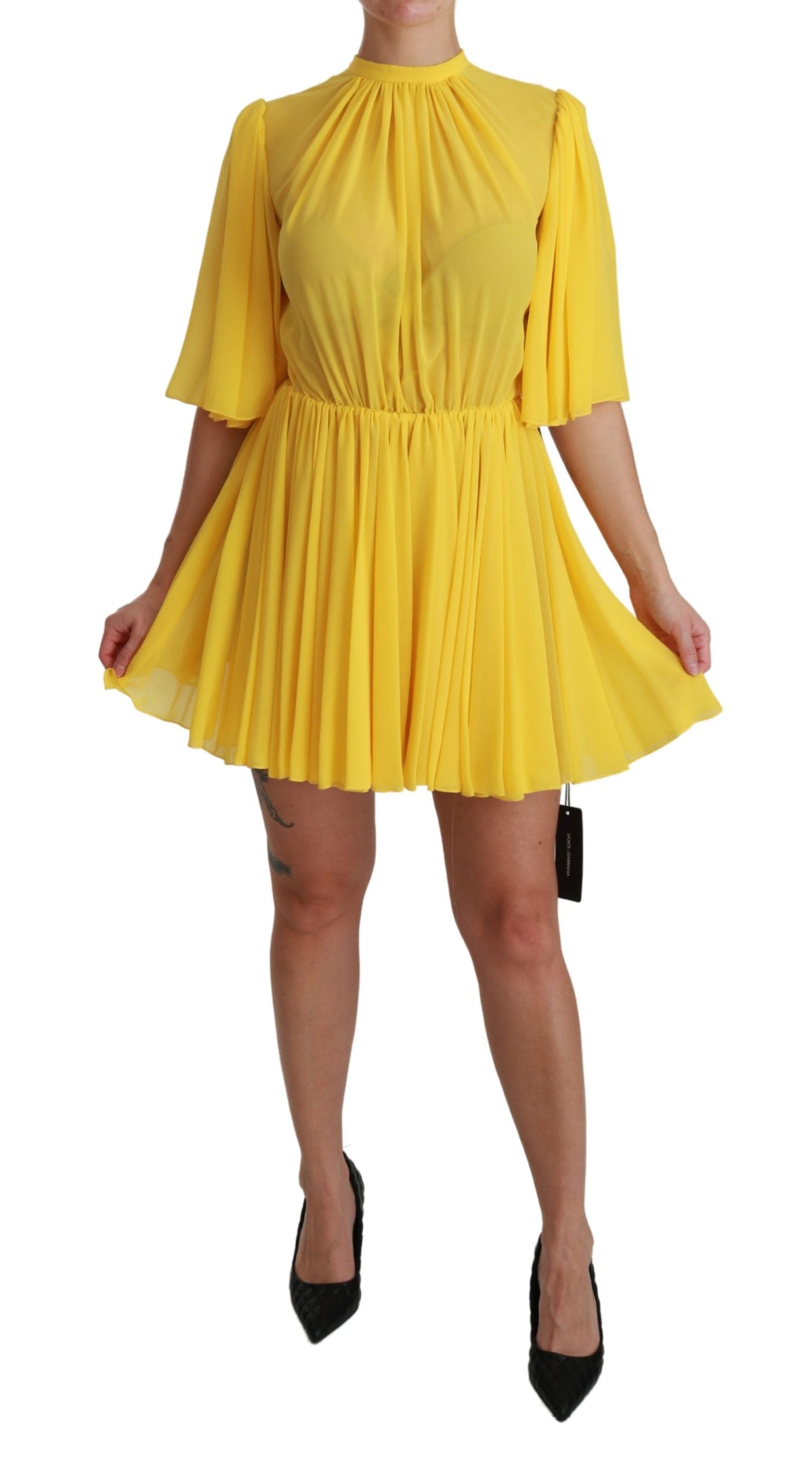 Silk Pleated A-line Mini Dress in Sunshine Yellow - ventzia