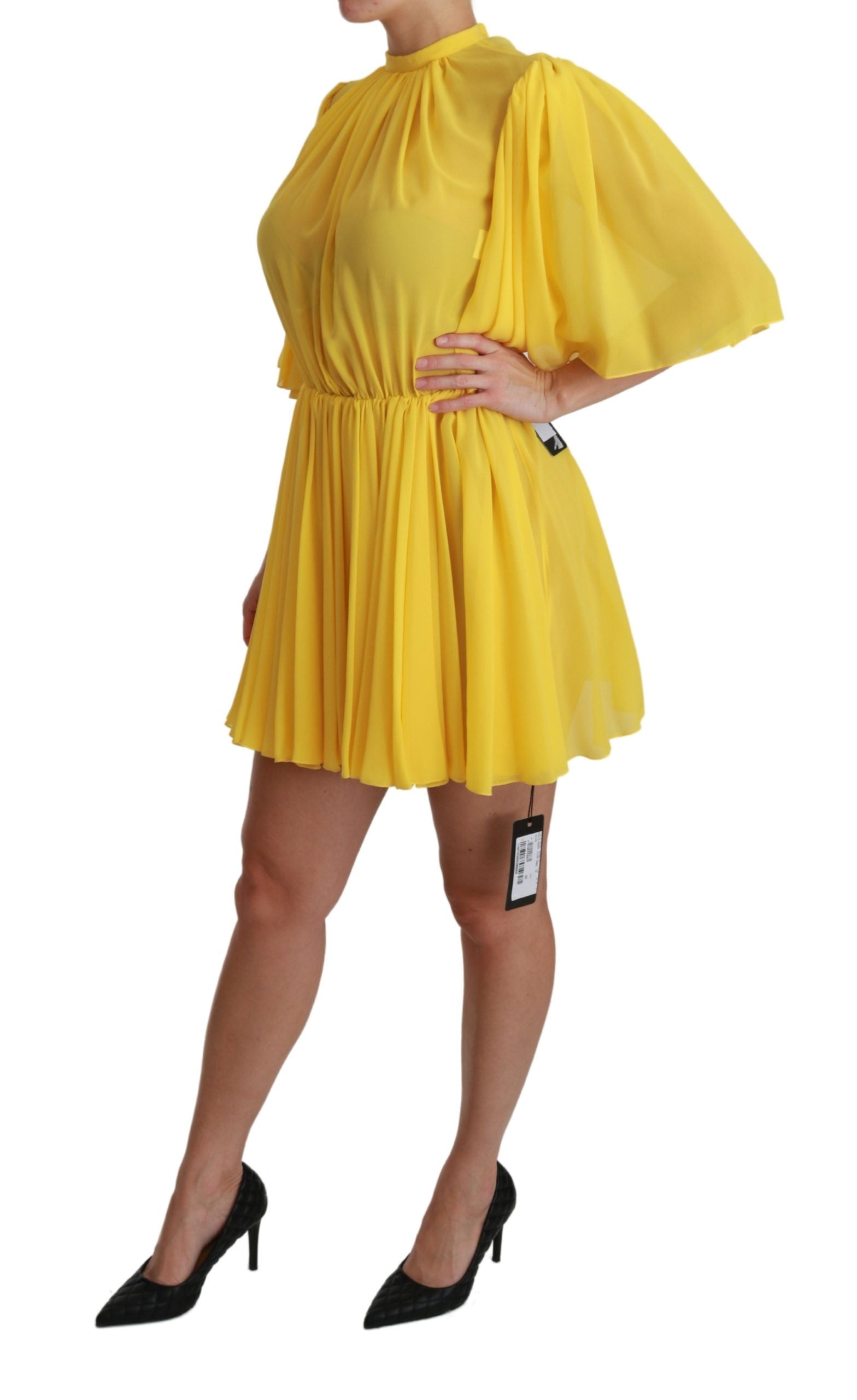 Silk Pleated A-line Mini Dress in Sunshine Yellow - ventzia