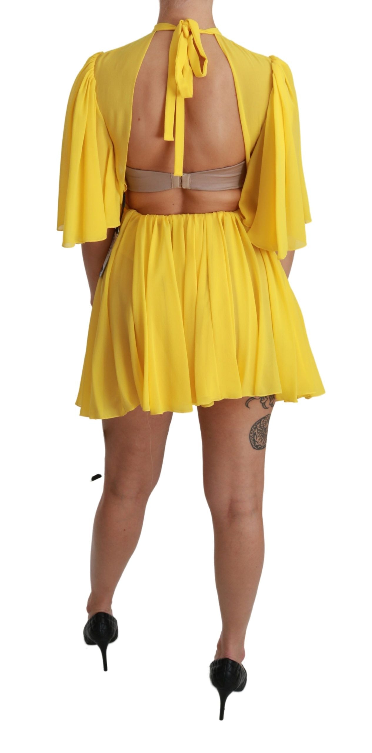 Silk Pleated A-line Mini Dress in Sunshine Yellow - ventzia
