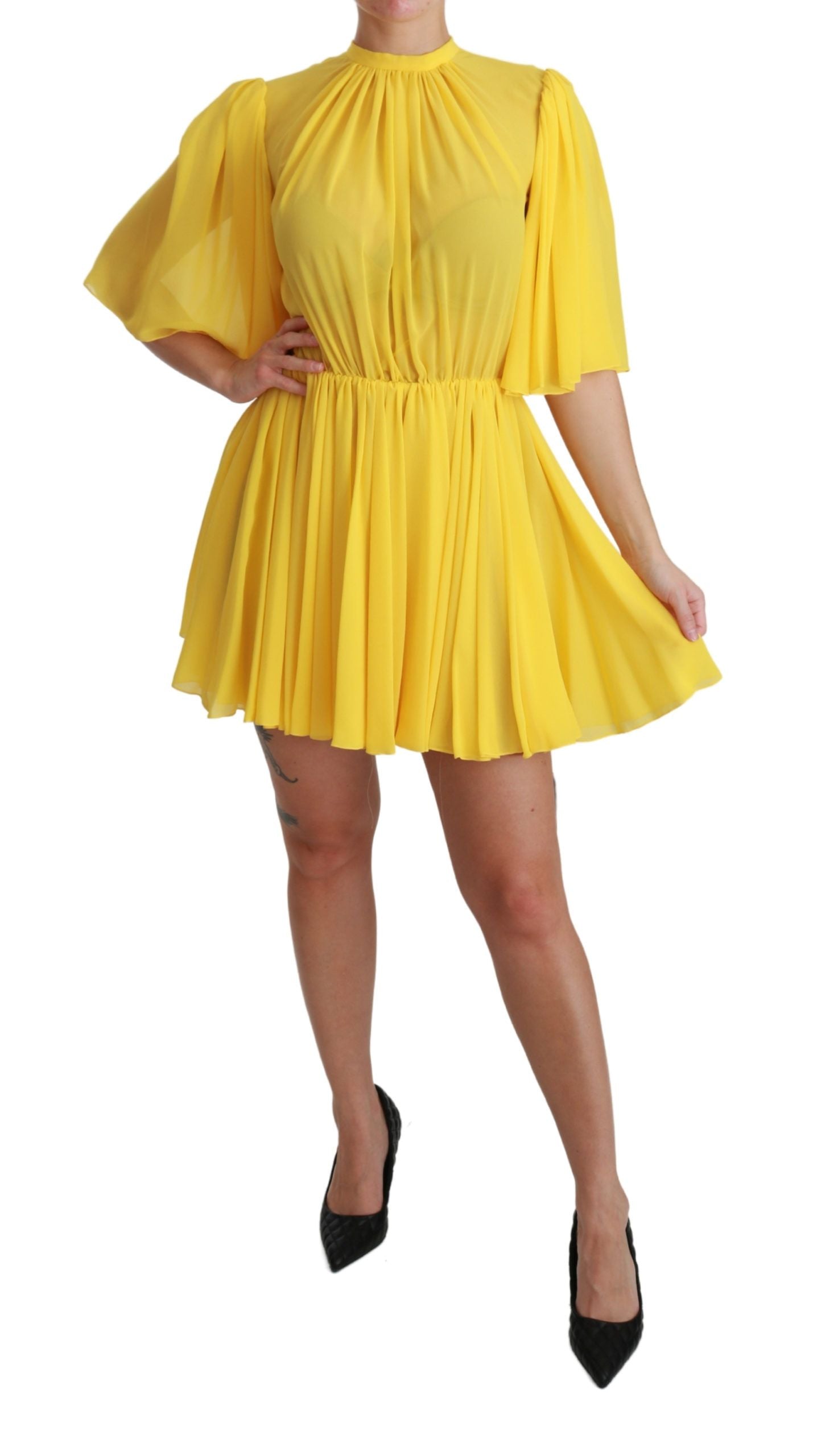Silk Pleated A-line Mini Dress in Sunshine Yellow - ventzia