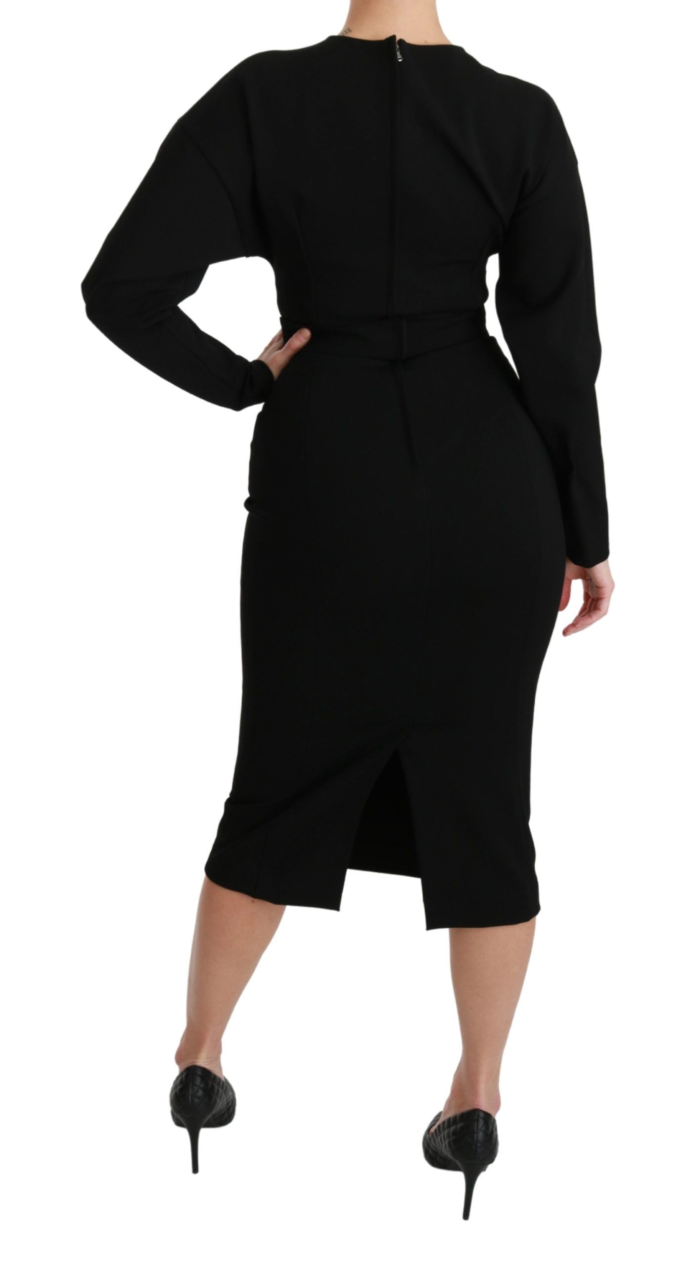 Elegant Black Bodycon Sheath Midi Dress - ventzia