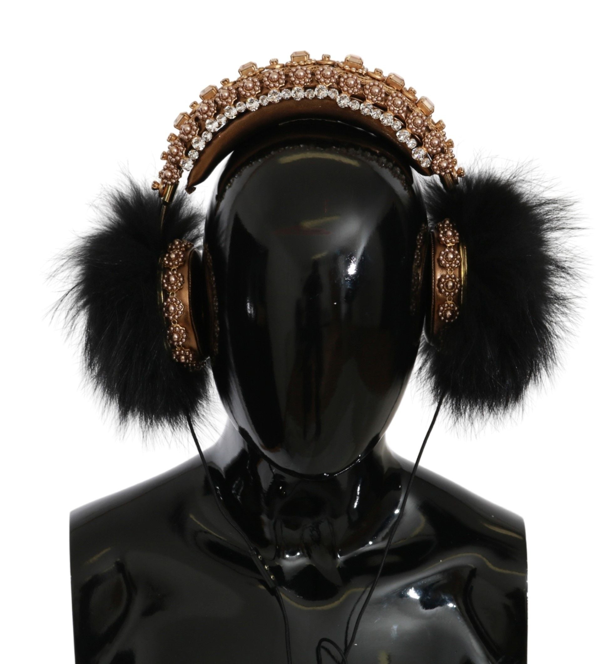 Gold Black Crystal Embellished Headphones - ventzia