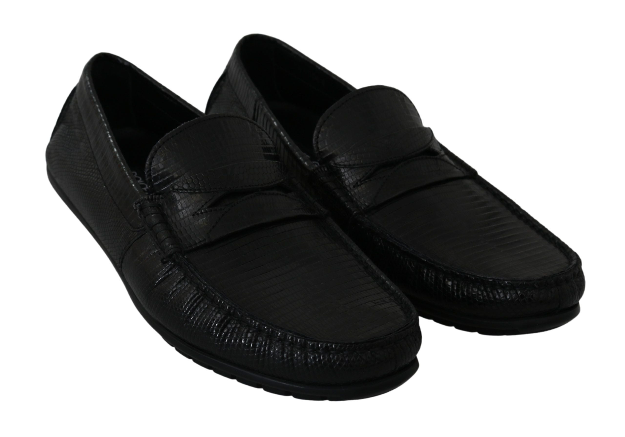 Exquisite Black Lizard Leather Loafers - ventzia