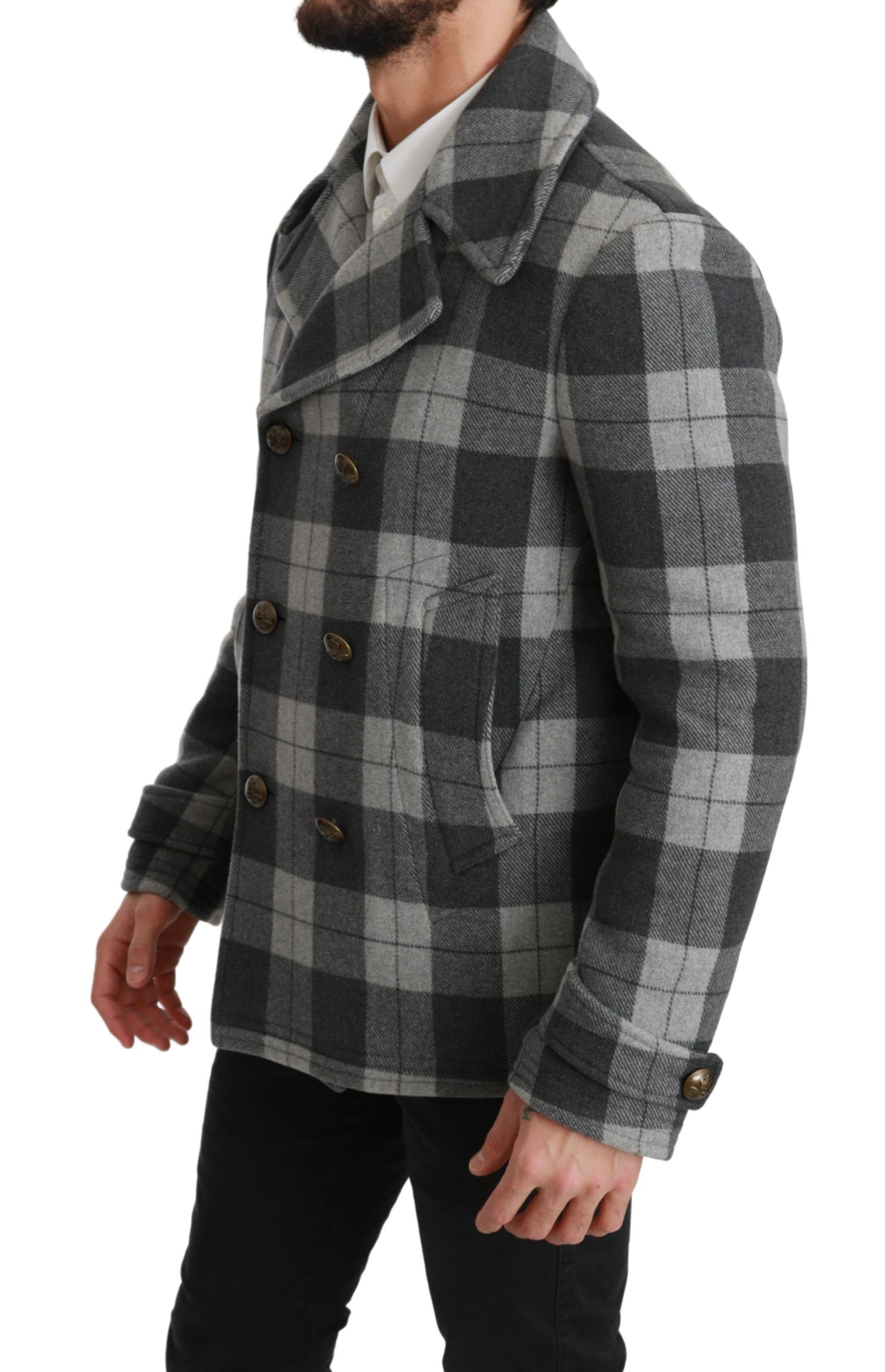 Elegant Gray Check Double Breasted Coat - ventzia