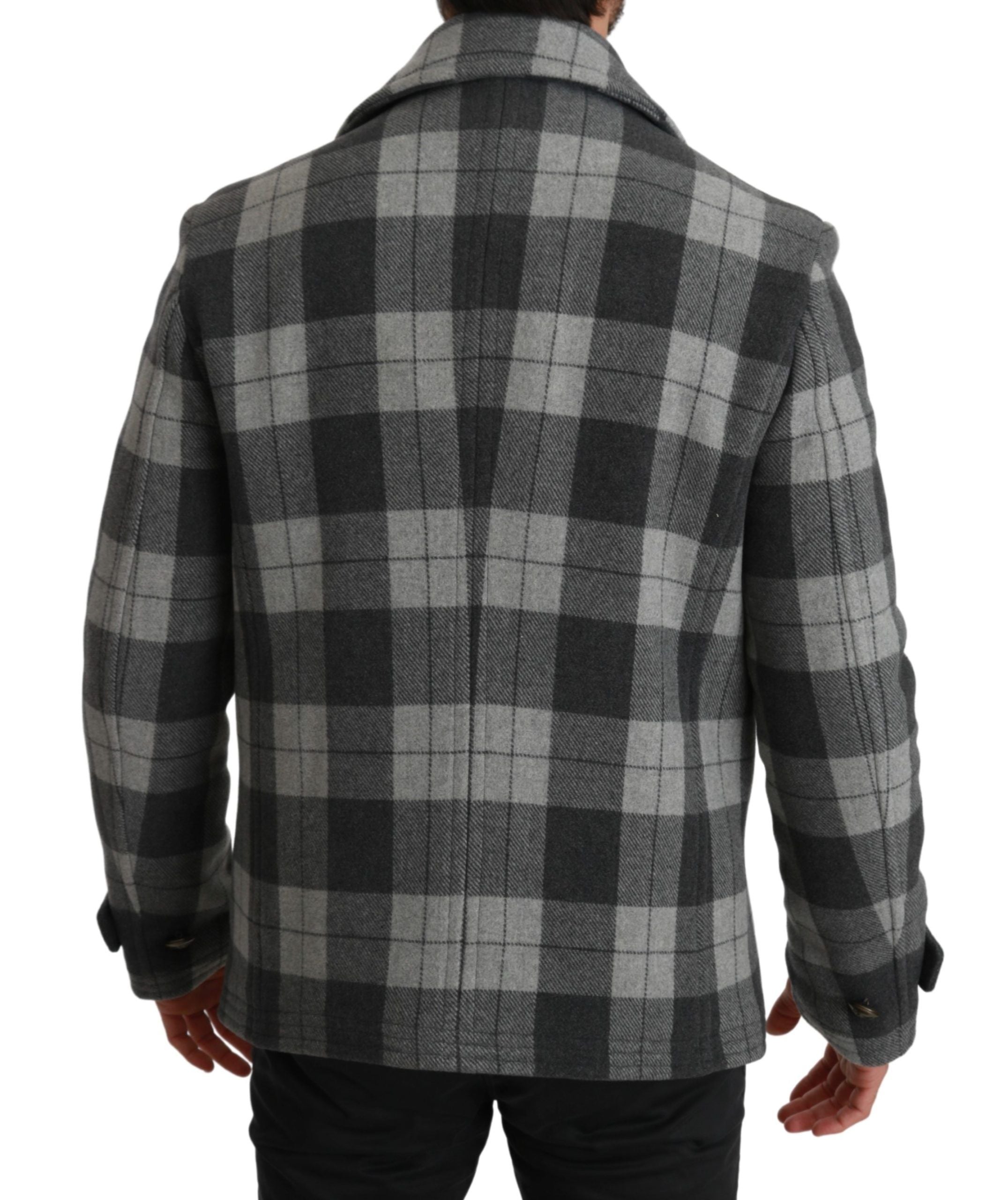 Elegant Gray Check Double Breasted Coat - ventzia
