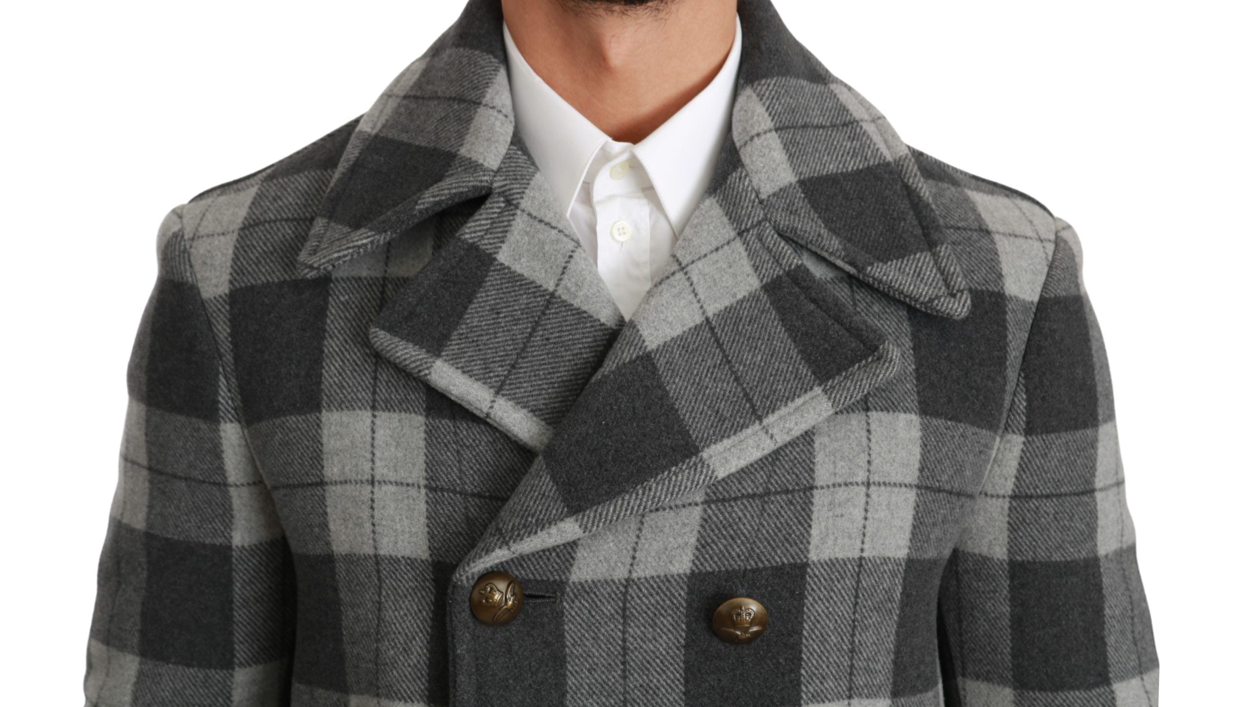 Elegant Gray Check Double Breasted Coat - ventzia