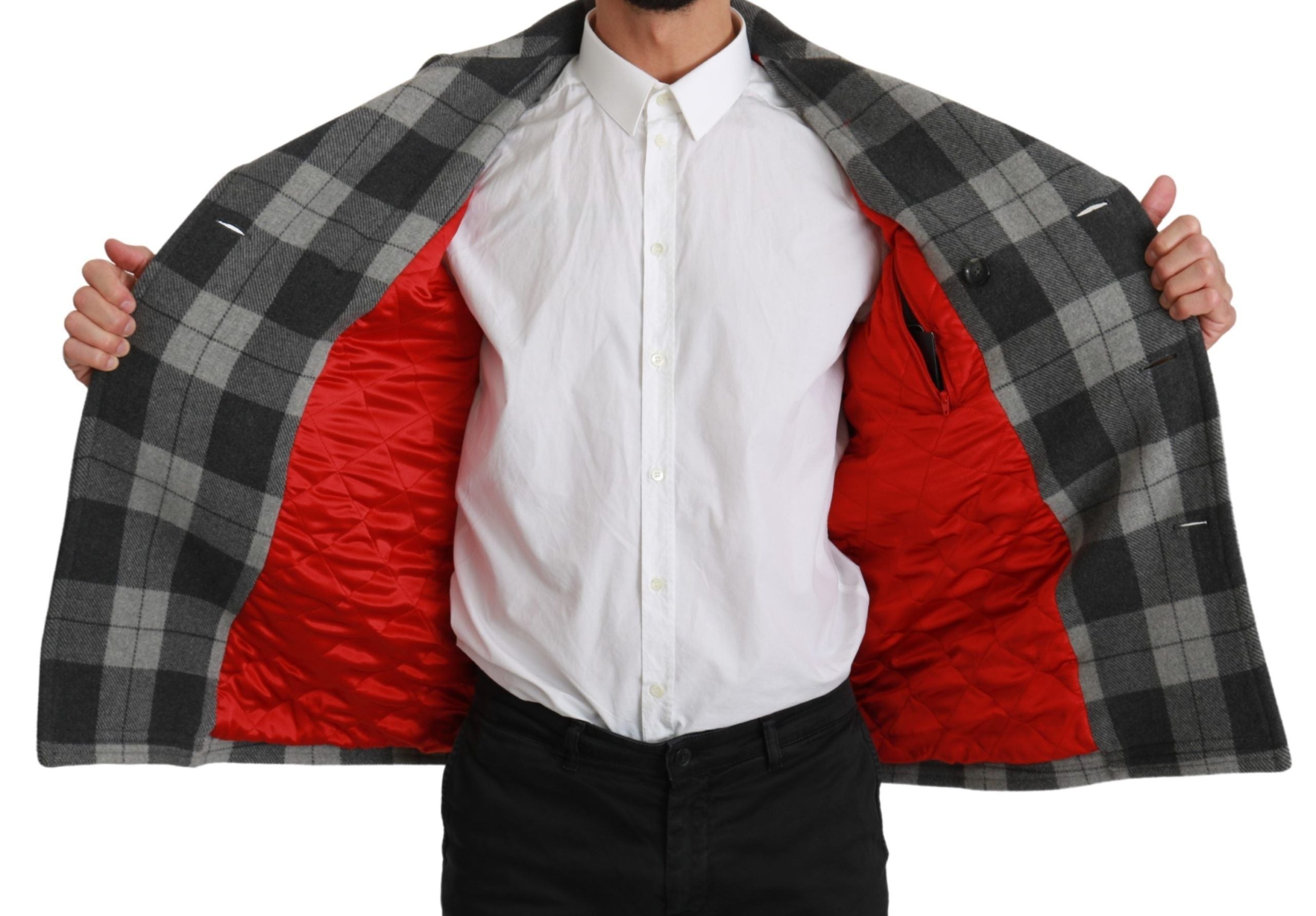Elegant Gray Check Double Breasted Coat - ventzia