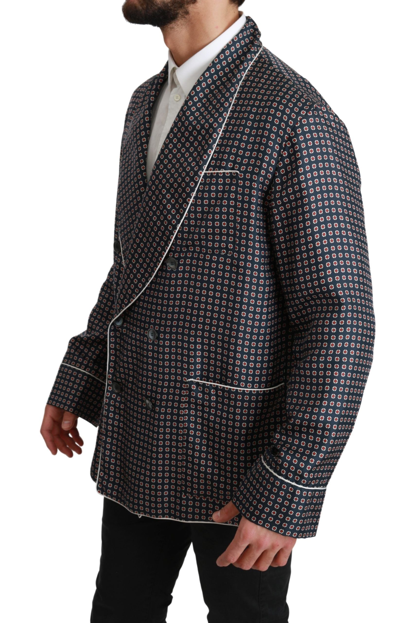 Elegant Navy Silk Double Breasted Coat - ventzia