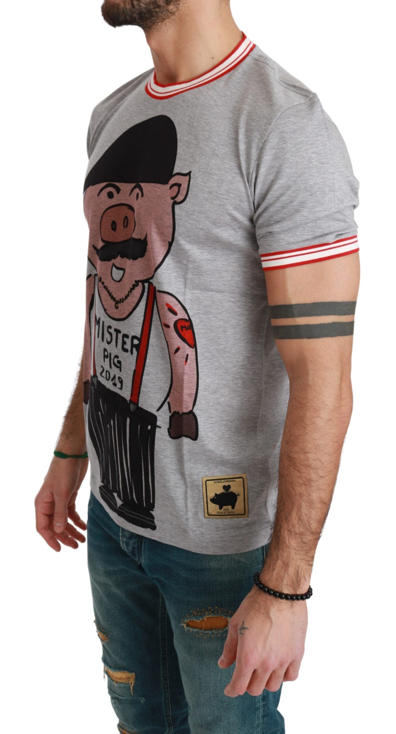 Chic Gray Cotton T-Shirt with Year of the Pig Motive - ventzia