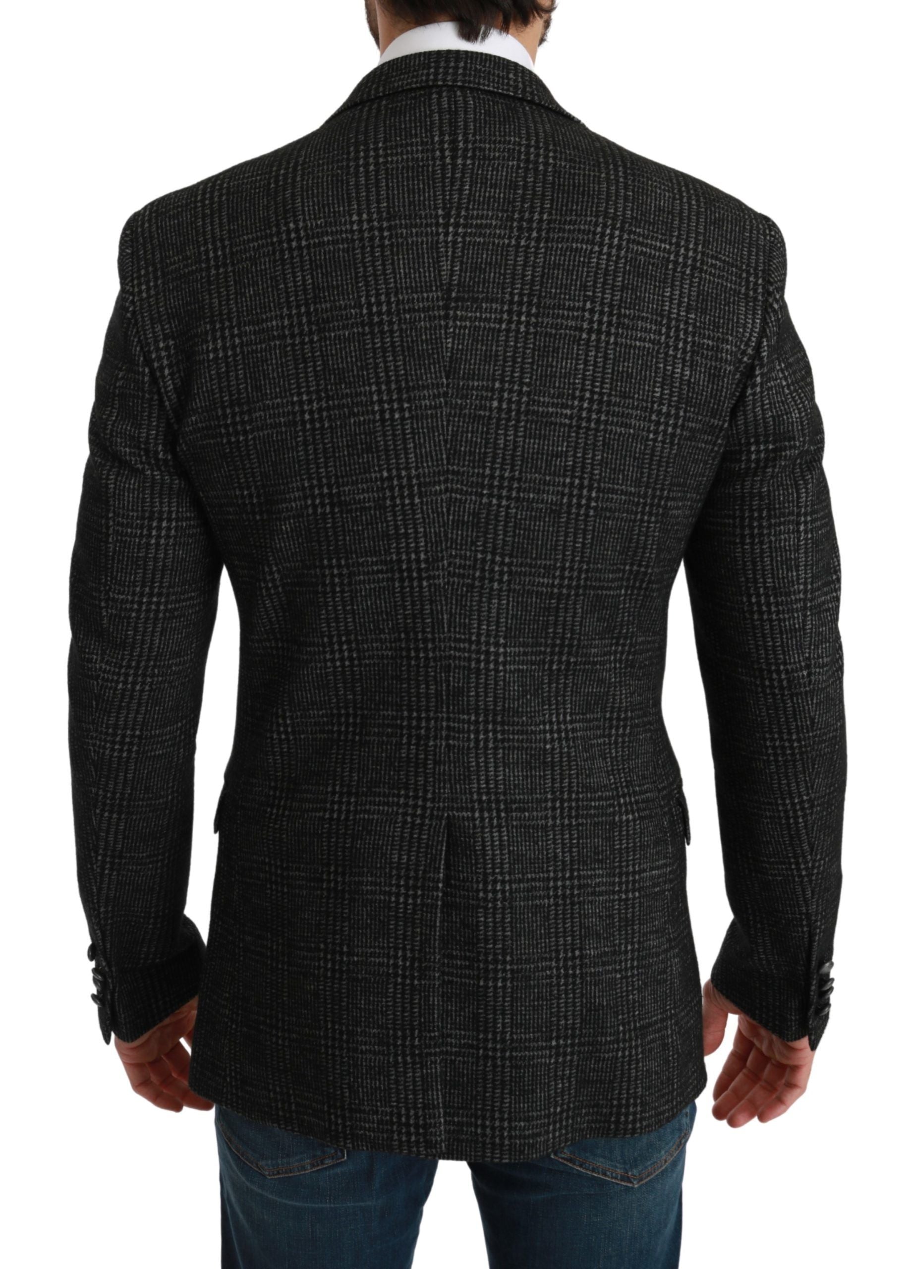 Elegant Gray Plaid Slim Fit Blazer - ventzia