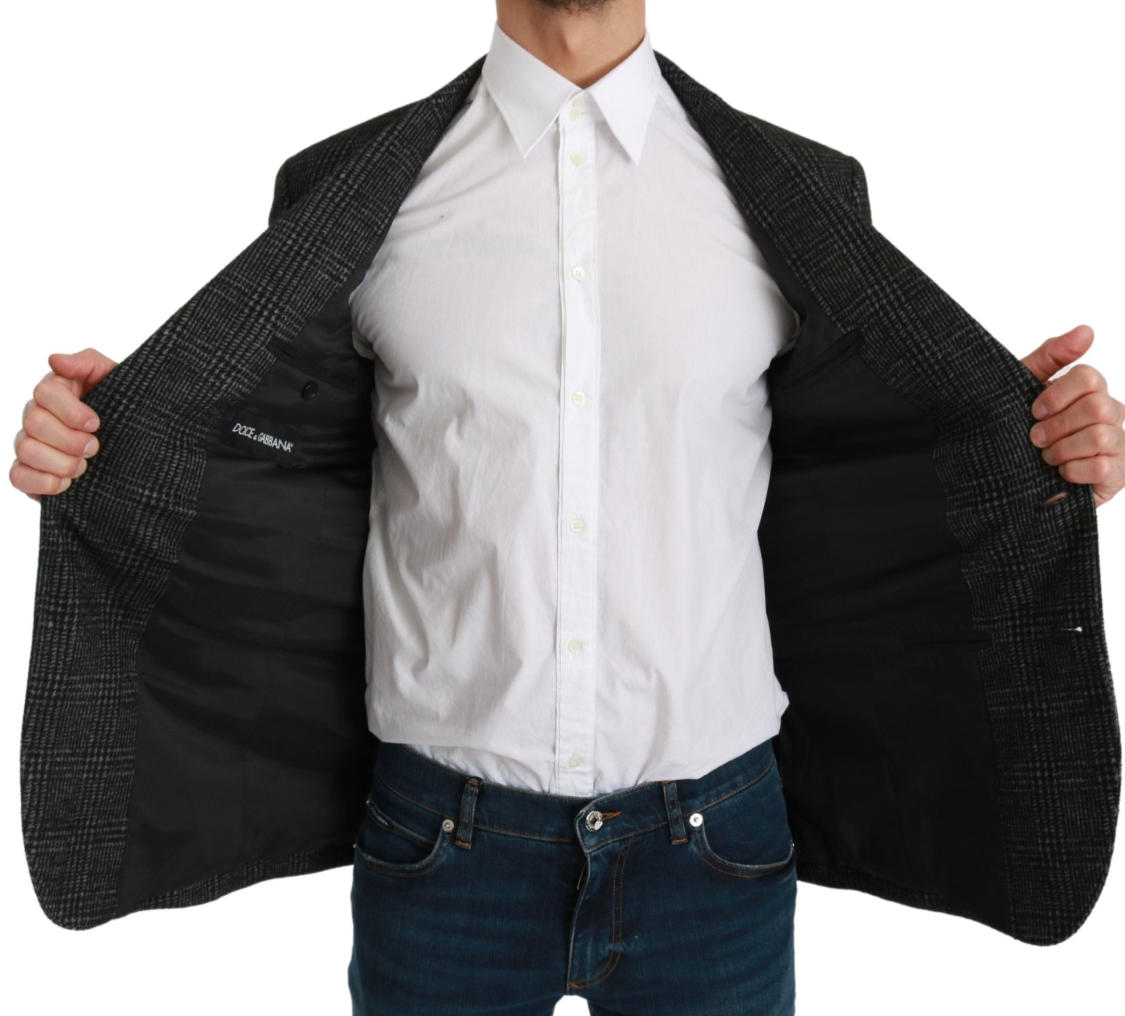 Elegant Gray Plaid Slim Fit Blazer - ventzia