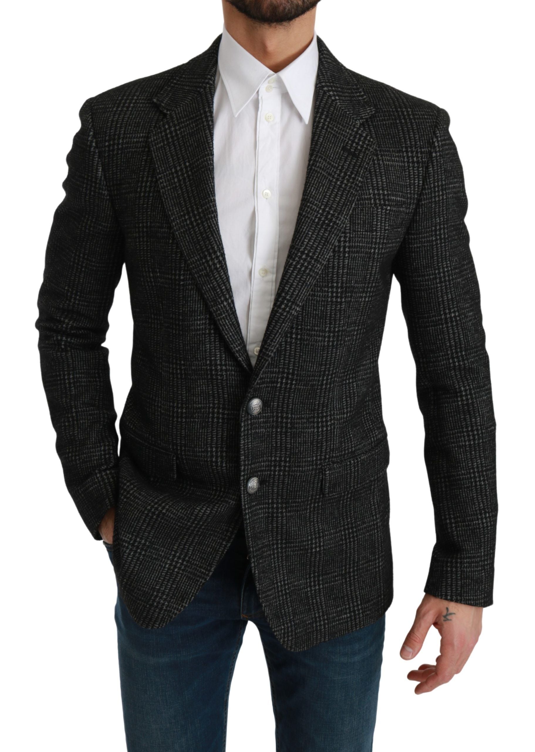 Elegant Gray Plaid Slim Fit Blazer - ventzia