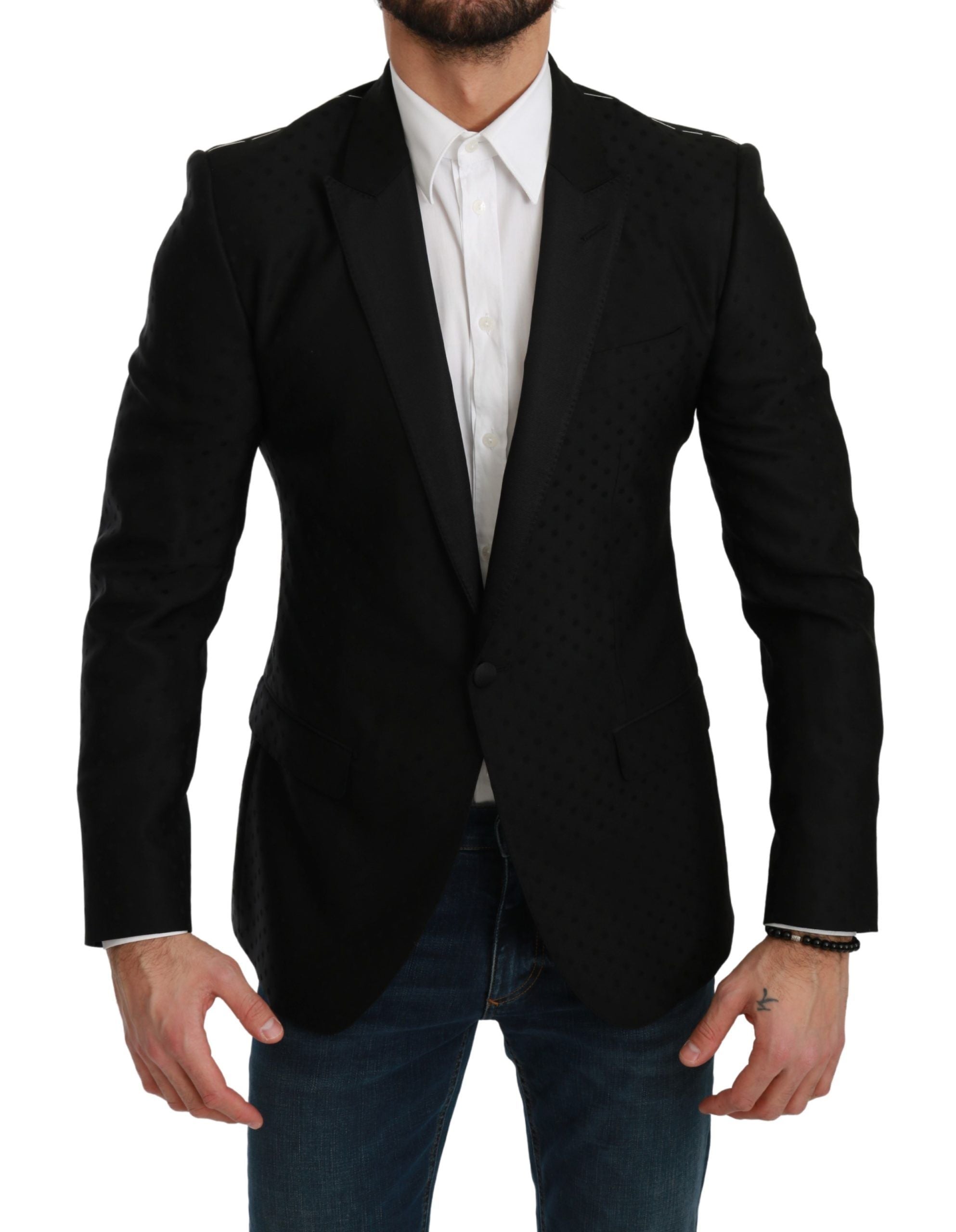 Elegant Black Polka Dotted Wool Blend Blazer - ventzia